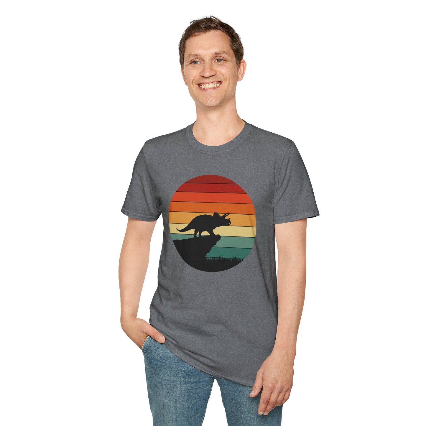 Retro Triceratops Sunset T-Shirt - Vintage Dino Graphic Tee - Unisex Softstyle Dinosaur Shirt - Nature and Prehistoric Lover Gift