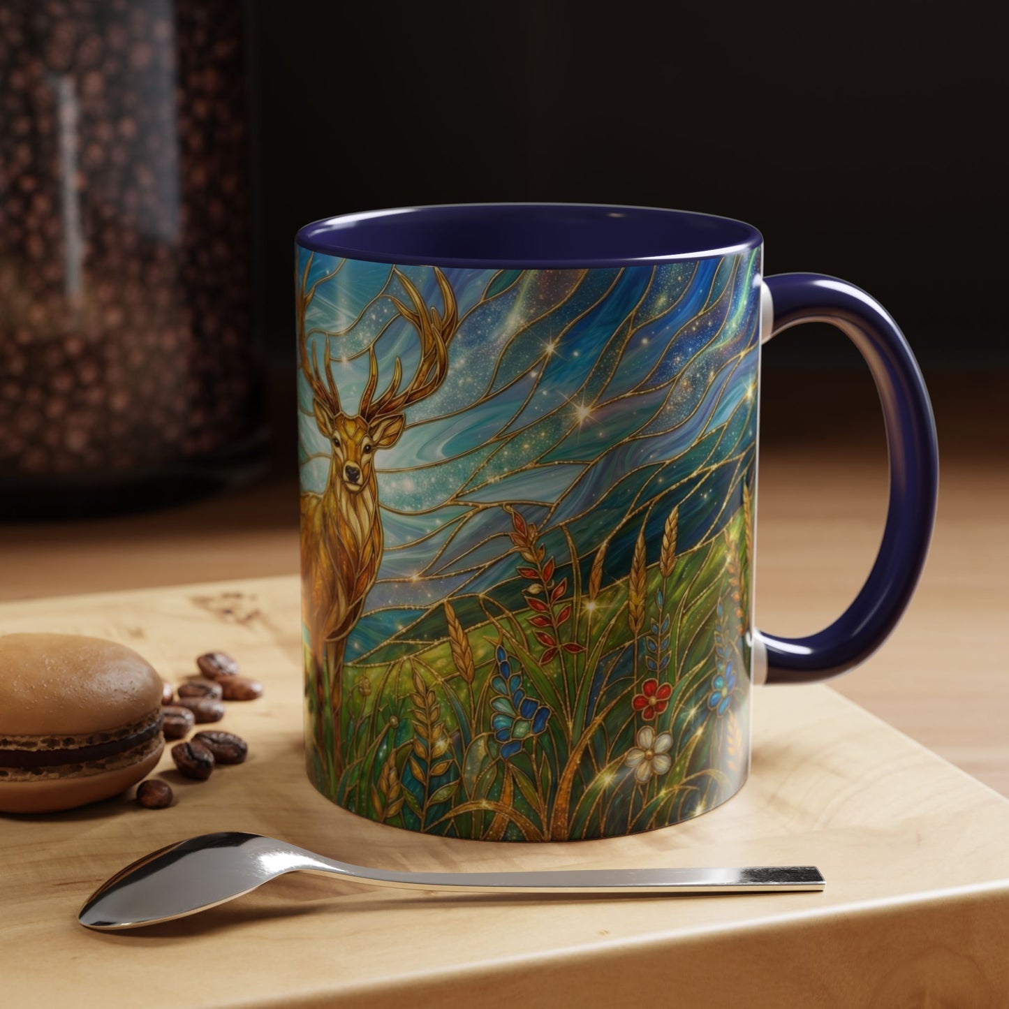 Stained Glass Deer Mug, Woodland Art Coffee Cup, Nature Forest Mug, Blue Green Gold Glass Style Mug, Gift For Nature Lovers Decor