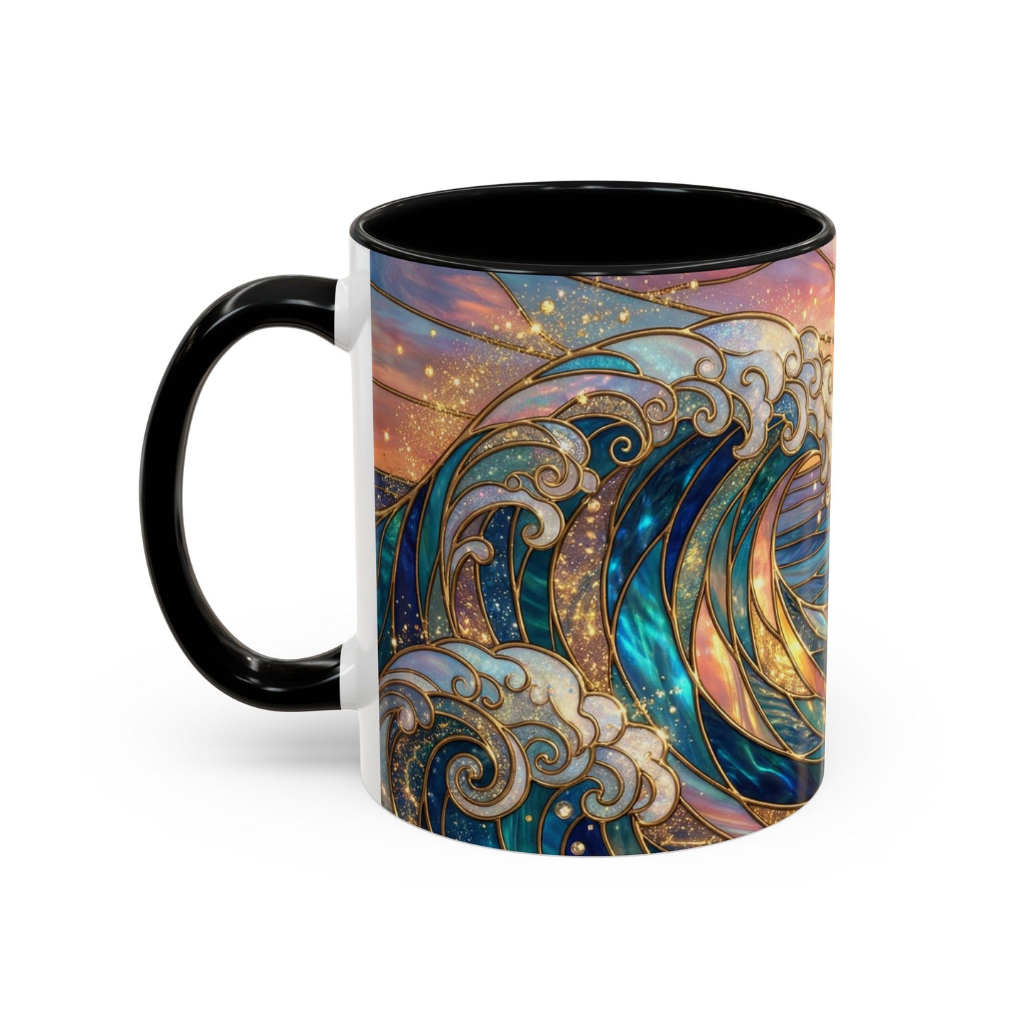 Stained Glass Ocean Wave Mug, Sunrise Beach Coffee Cup, Japanese Art Gift, Coastal Decor Kitchen, Mosaic Sea Tea Cup, Blue Gold Nature Lover