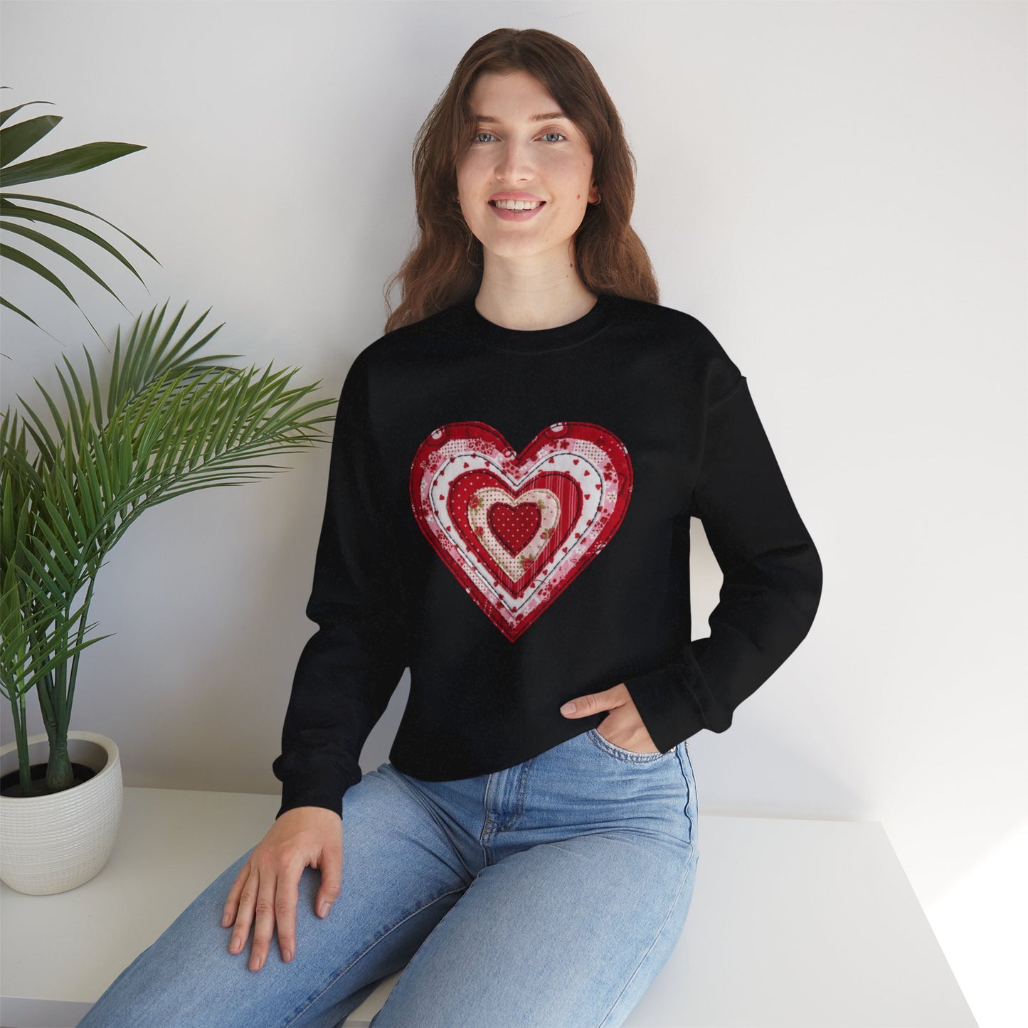 Faux Patchwork Heart Sweatshirt, Valentine Heart Shirt, Cute Valentine Gift, Retro Patchwork Crewneck, Cozy Love Sweater, Boho Heart Top