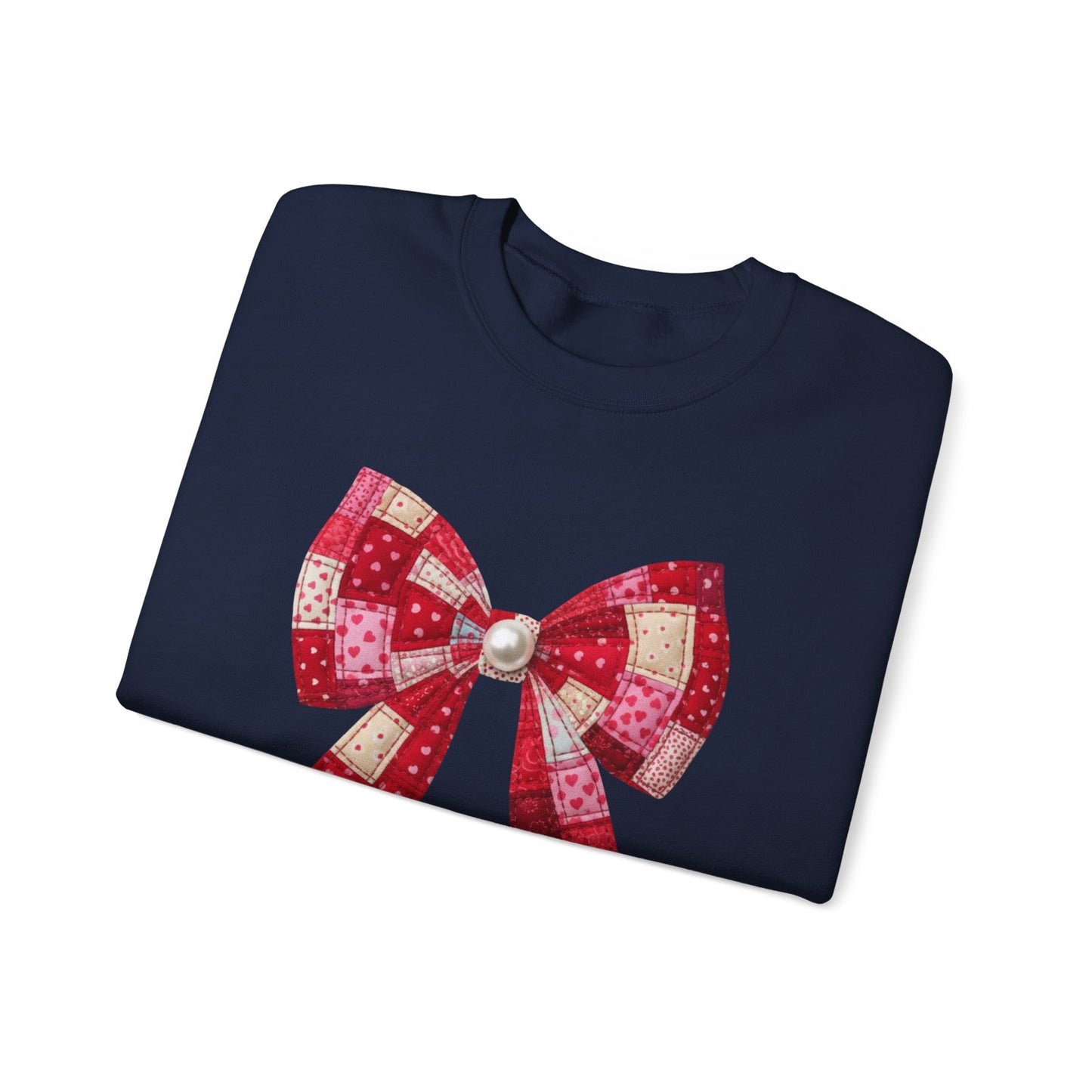 Faux Patchwork Bow Sweatshirt, Quilted Look Bow Crewneck, Pearl Center Bow Pullover, Cozy Coquette Sweatshirt, Girly Gift