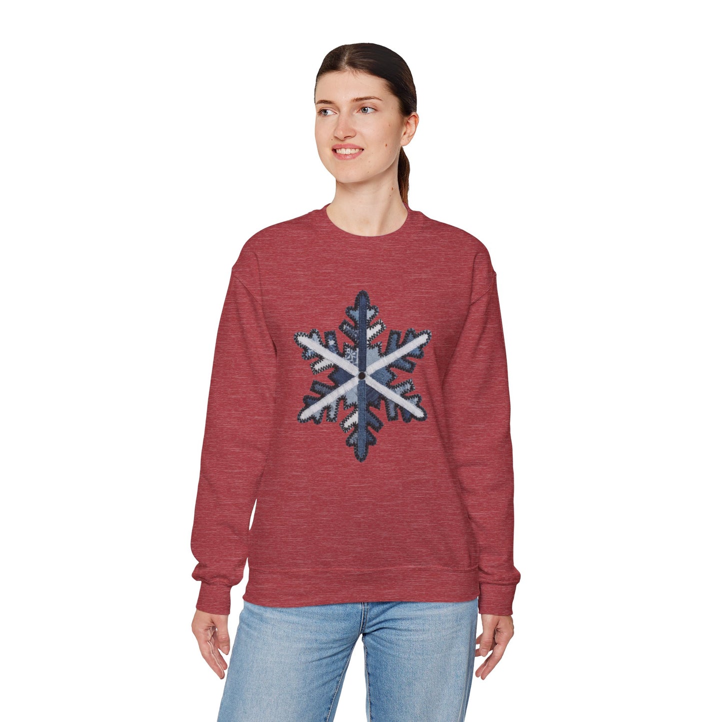 Faux Patchwork Snowflake Sweatshirt, Winter Snowflake Crewneck, Cozy Christmas Sweatshirt, Holiday Patchwork Sweater, Winter Gift