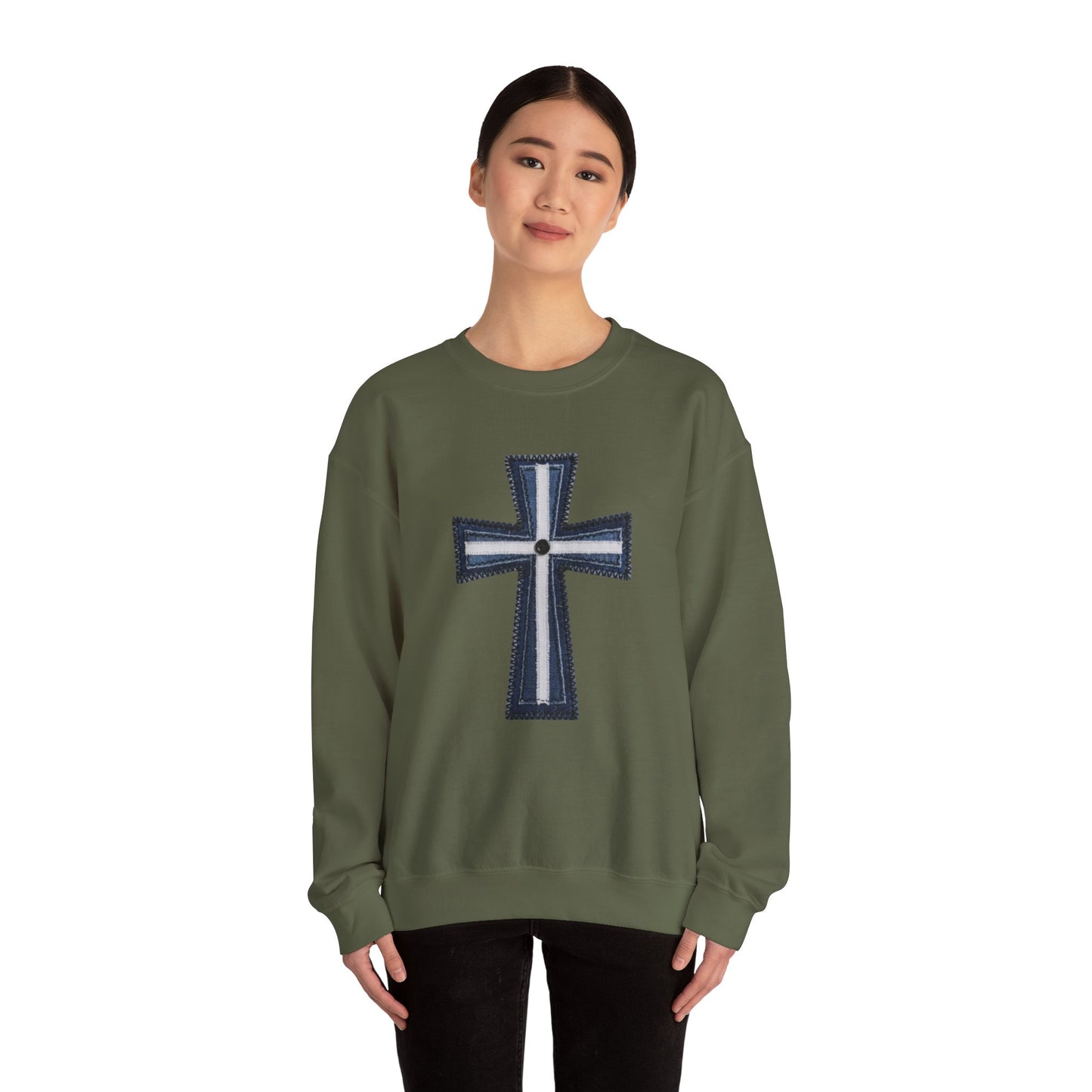 Faux Patchwork Cross Sweatshirt, Christian Patchwork Style Crewneck, Faith Gift for Women Men, Rustic Cross Sweatshirt, Religious Xmas Gift