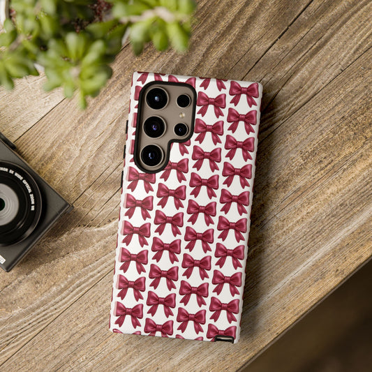Coquette Samsung Case - Burgundy Bow Pattern Phone Cover, Girly Soft Aesthetic Gift, Cute Galaxy Case for Her