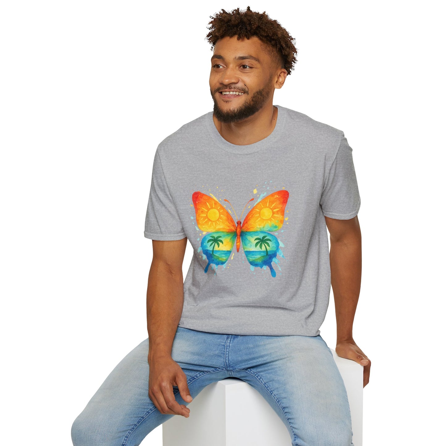 Butterfly Sunset Beach Tee - Ocean & Palm Watercolor Butterfly T-Shirt, Coastal Boho Graphic, Nature Lover Gift, Unisex Casual Tee