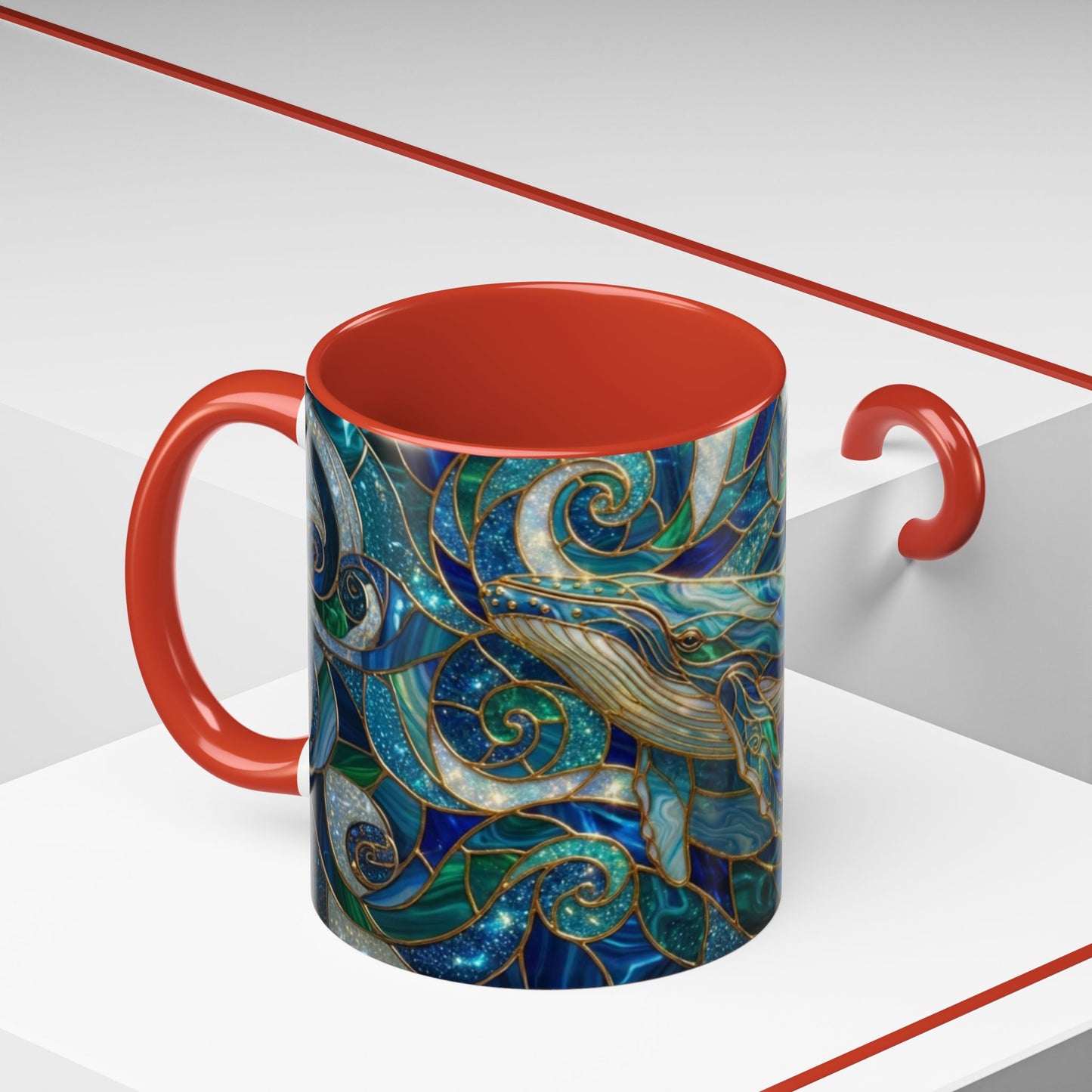 Stained Glass Whale Mug, Ocean Art Coffee Cup, Blue Sea Life Design, Nautical Gift For Ocean Lovers, Colorful Stained Glass Whale Cup
