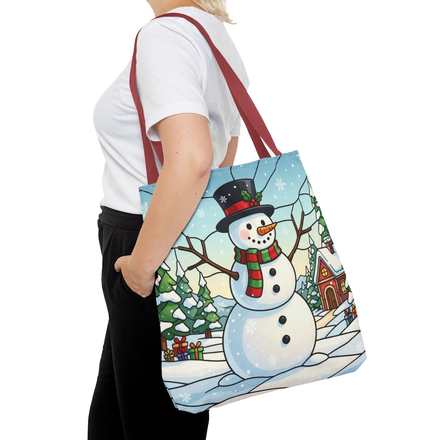 Stained Glass Snowman Christmas Tote Bag, Holiday Art Tote, Festive Winter Gift Bag, Colorful Christmas Scene Reusable Shopping Bag