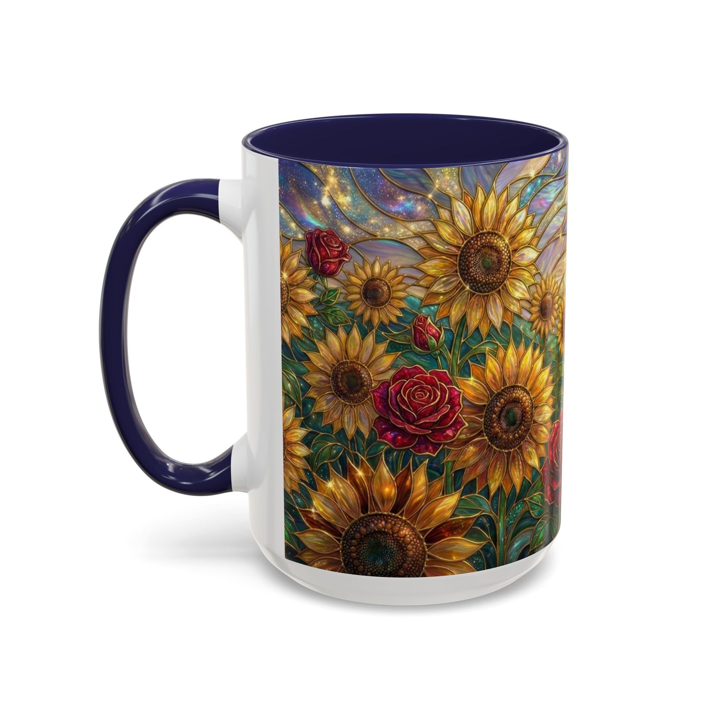 Personalized Stained Glass Sunflower Mug, Custom Red Rose Floral Coffee Cup, Celestial Night Sky Botanical Teacup, Gift For Flower Lover