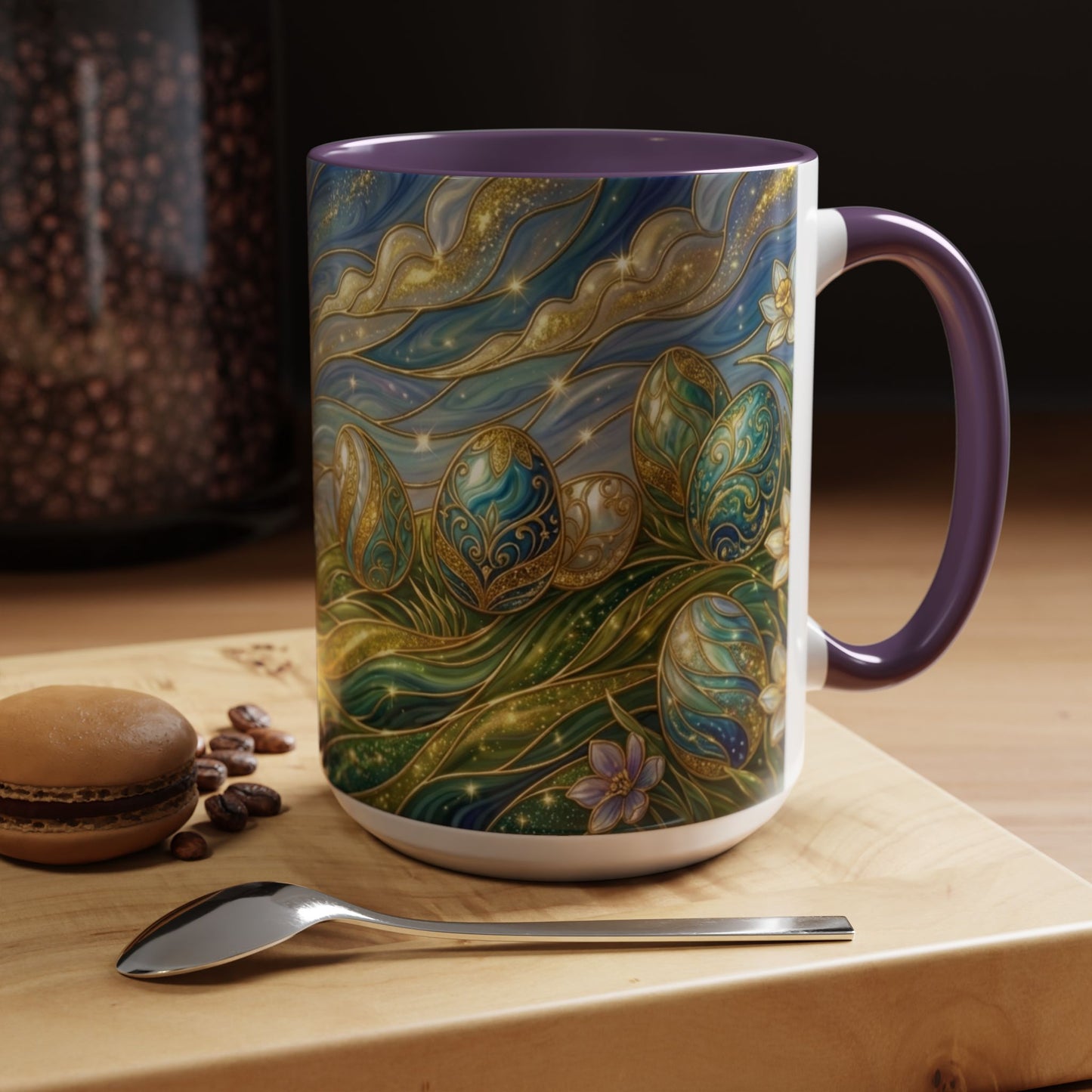 Stained Glass Easter Egg Mug, Magical Spring Floral Coffee Cup, Art Nouveau Fantasy Teacup, Elegant Celestial Starry Sky Mug Gift Idea