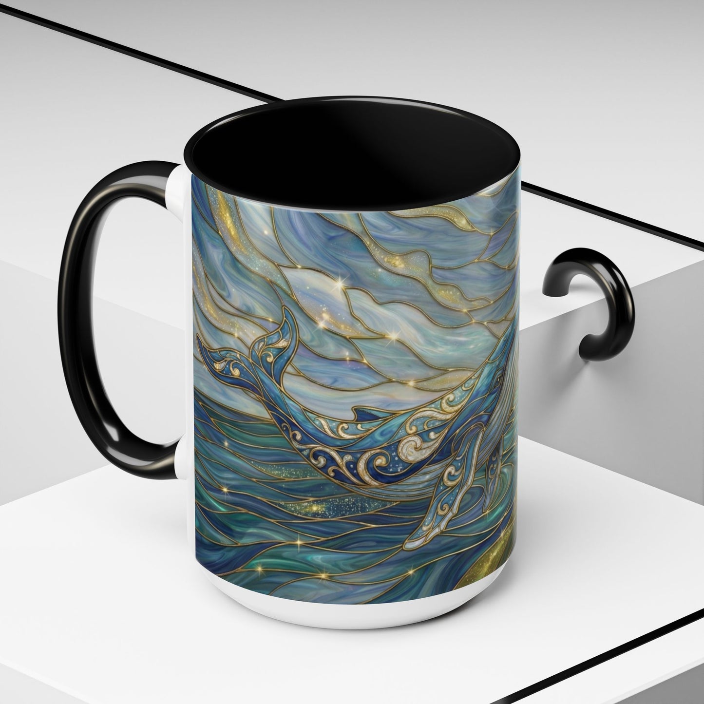 Whimsical Whale & Giraffe Accent Coffee Mug — Artistic Ocean-Sky Illustration (11/15oz)