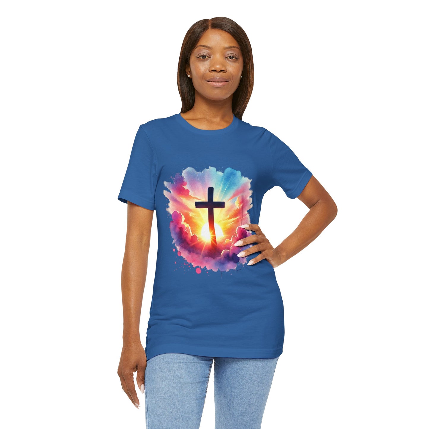Faith Cross Sunburst Christian Tee | Inspirational Christian T-Shirt | Colorful Sunrise Cross Shirt | Faith Gifts for Women Men