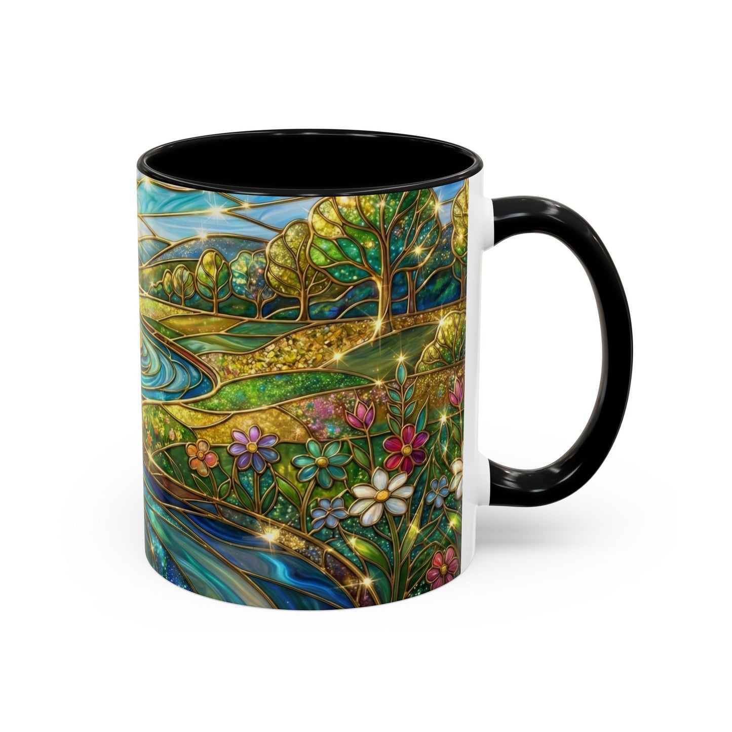 Stained Glass Mug, River Landscape Coffee Cup, Nature Lover Gift, Floral Tea Mug, Gardener Present, Art Teacher Gift, Colorful Scenery Cup