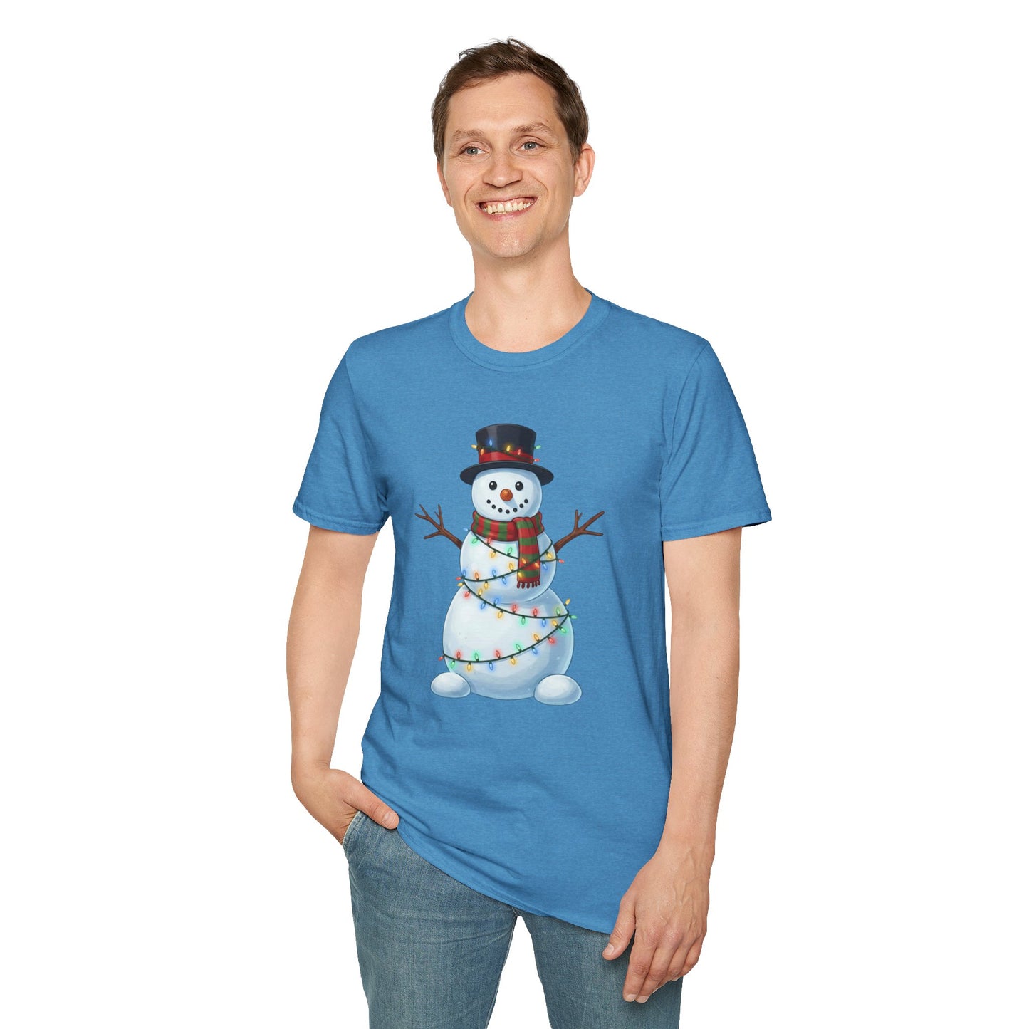Cute Snowman Christmas Shirt, Snowman Wrapped in Christmas Lights Tee, Holiday Winter Snowman Top Hat Shirt, Funny Cozy Christmas T Shirt