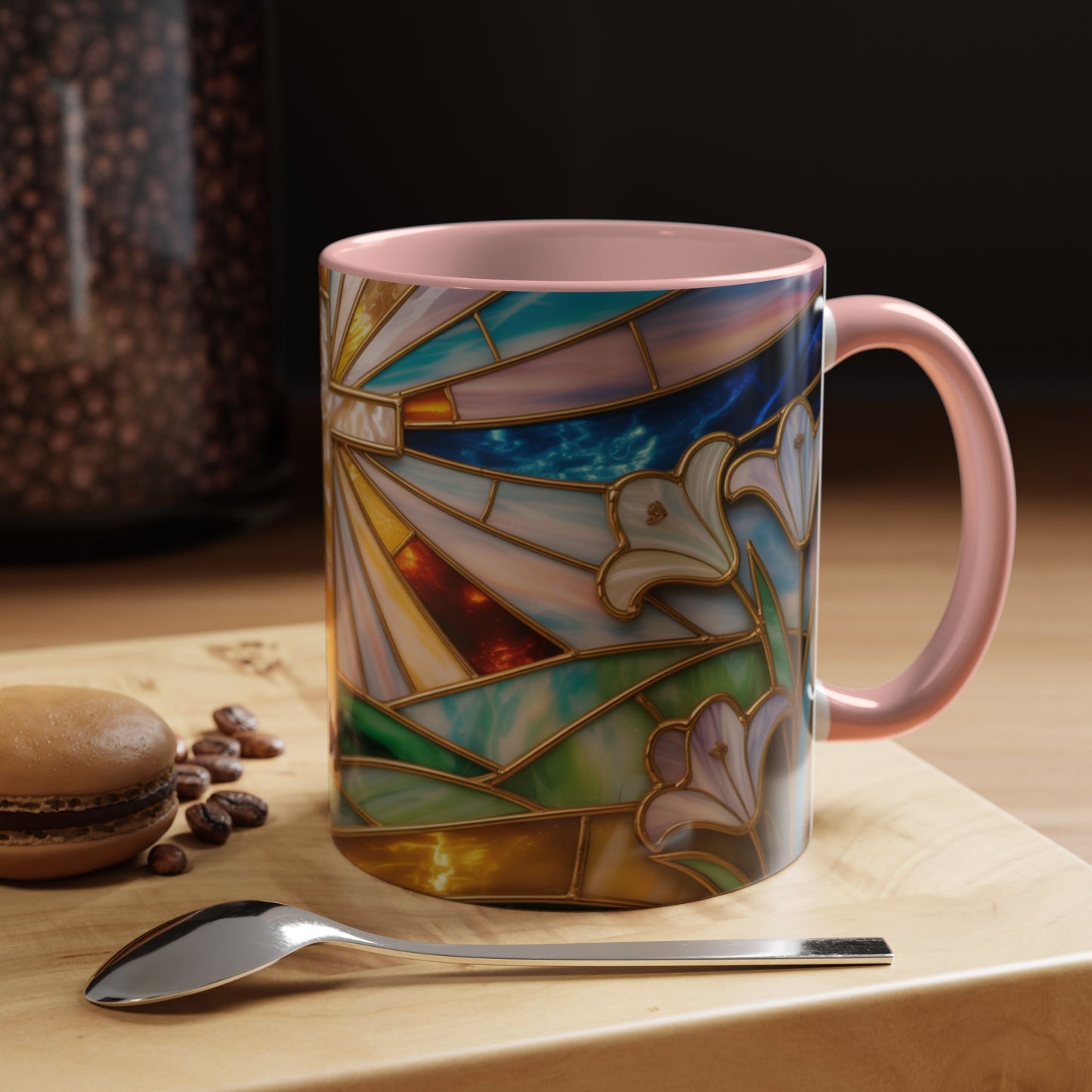 Stained Glass Cross Mug, Christian Coffee Cup, Faith Gift Mug, Religious Art Mug, Floral Church Mug, Inspirational Faith Cup, Easter Gift