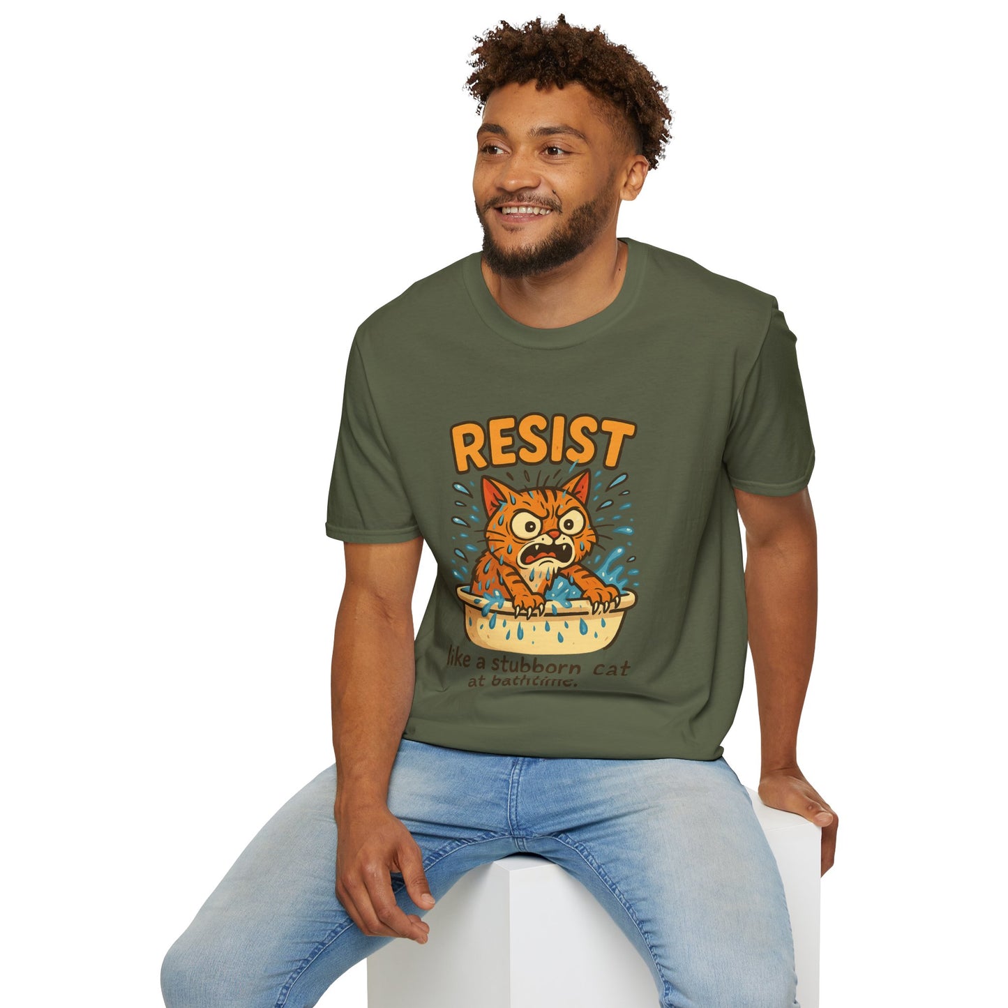 Resist Like A Stubborn Cat At Bathtime Funny Cat Lover Graphic Tee - Quirky Self Care Shirt - Gift For Pet Moms, Dads and Humor Fans