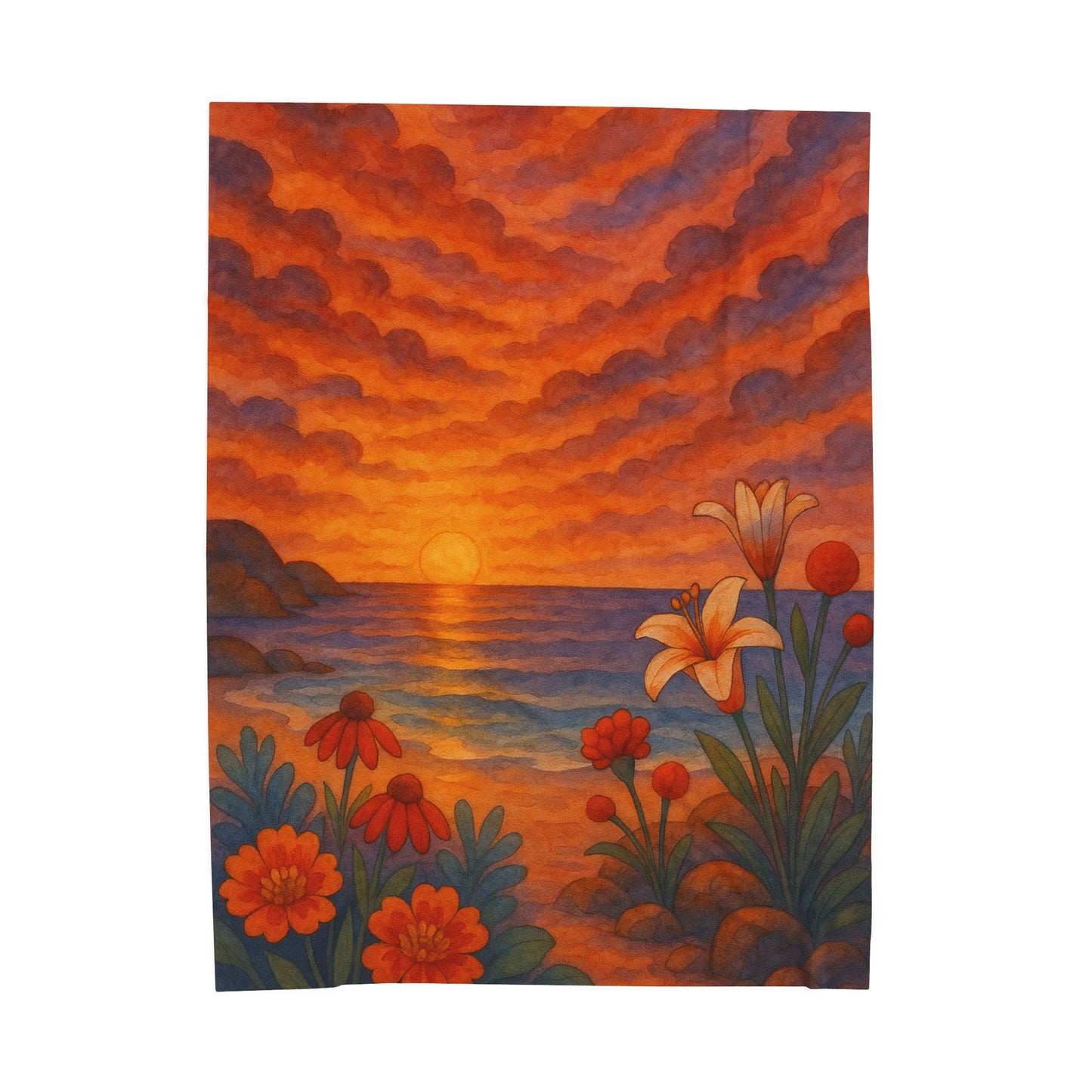 Sunset Floral Blanket – Cozy Beach Sunset Throw with Flowers | Colorful Velveteen Plush Blanket for Couch, Bed, or Gift