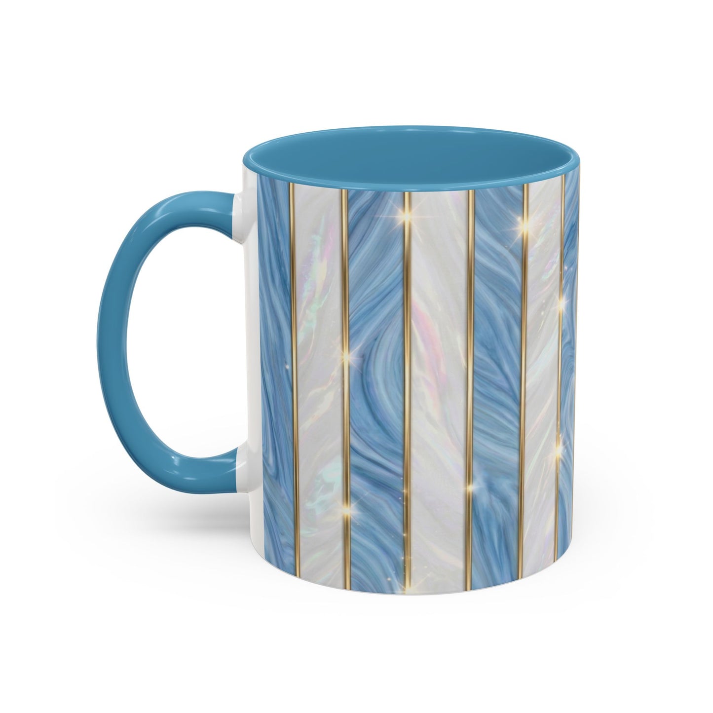 Faux Stained Glass Mug, Blue Pearlescent Coffee Cup, Art Deco Stained Glass Decor, Elegant Gold Stripe Teacup, Unique Art Gift For Her