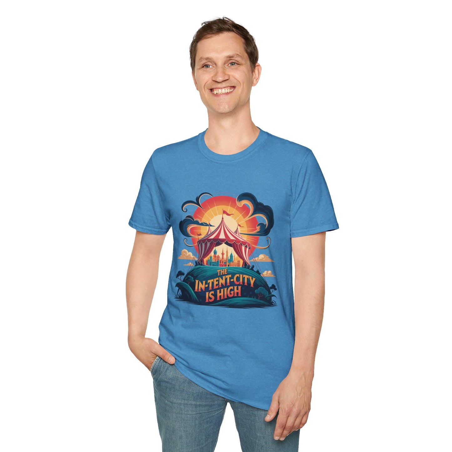 In-Tent-City Is High Retro Camp T-Shirt | Vintage Circus Tent + Cityscape Graphic | Funny Outdoors Urban Adventure Tee | Unisex Camper Shirt