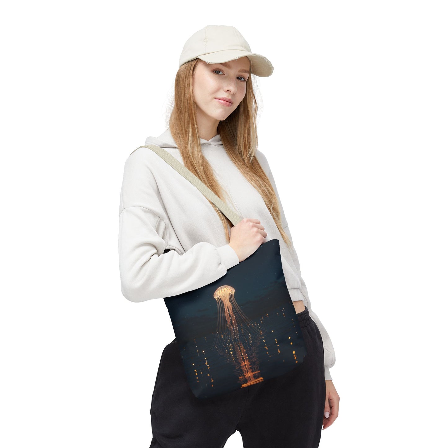 Luminous Jellyfish Tote Bag, Glow-Inspired Ocean Design Shoulder Bag, Durable Polyester Tote For Everyday Style, Gifts, And Coastal Fashion