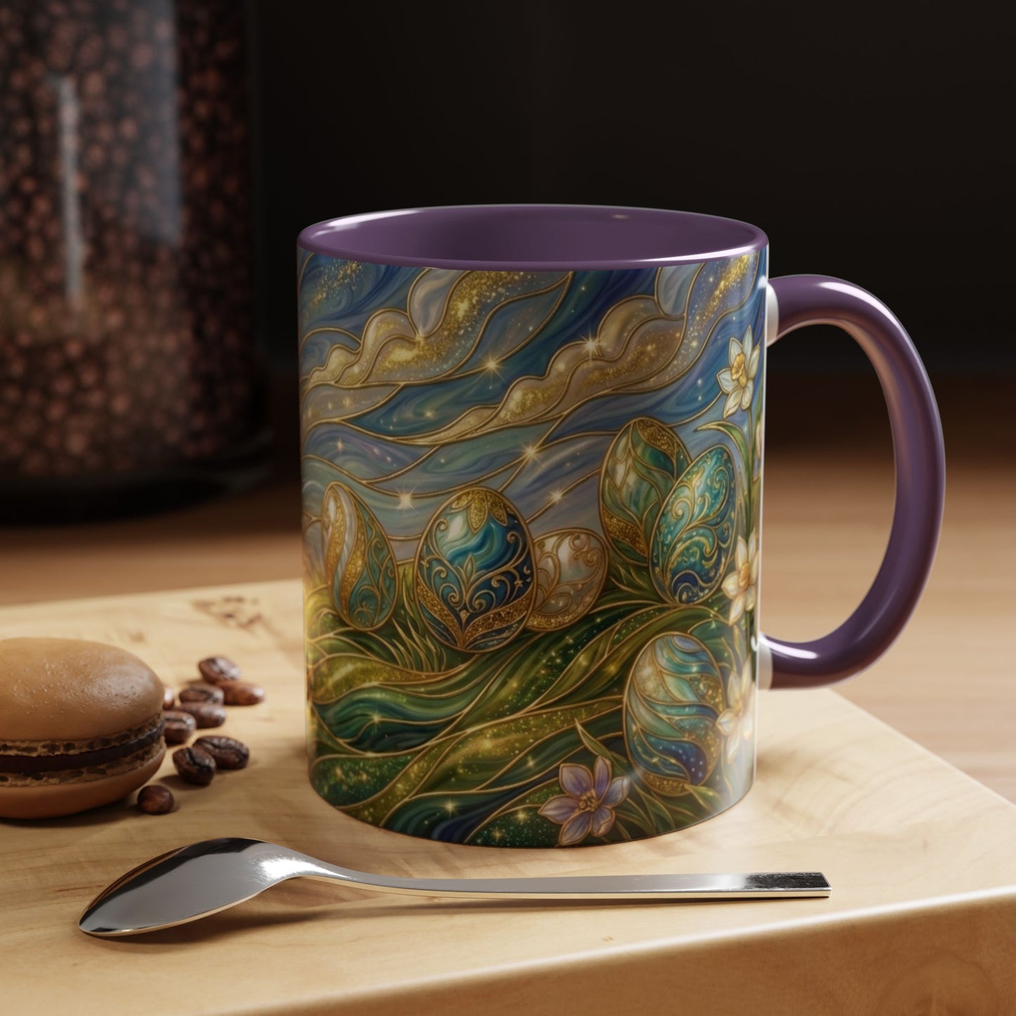 Stained Glass Easter Egg Mug, Magical Spring Floral Coffee Cup, Art Nouveau Fantasy Teacup, Elegant Celestial Starry Sky Mug Gift Idea