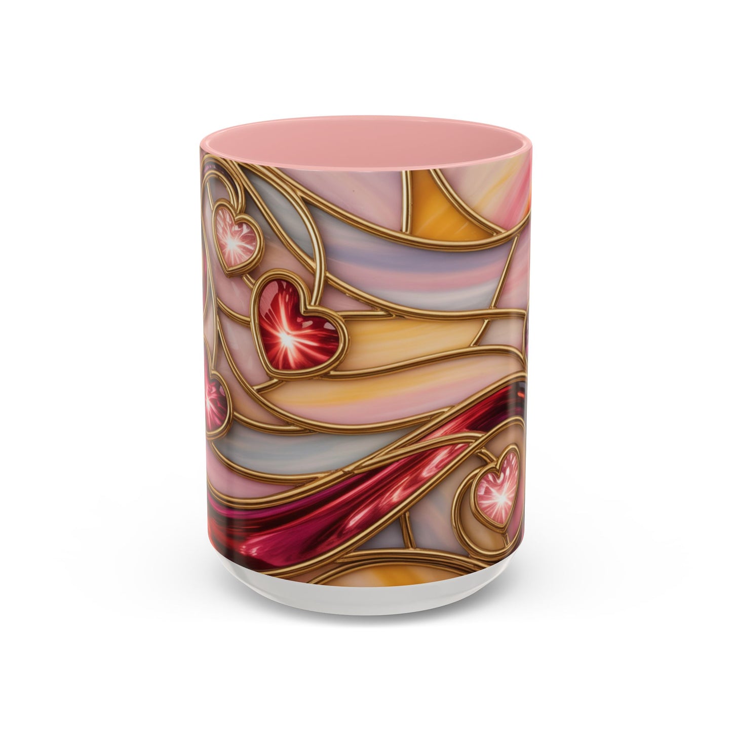 Stained Glass Heart Mug, Romantic Love Coffee Cup, Pink Red Gold Glass Style Mug, Valentine Gift For Her, Anniversary Wedding Decor