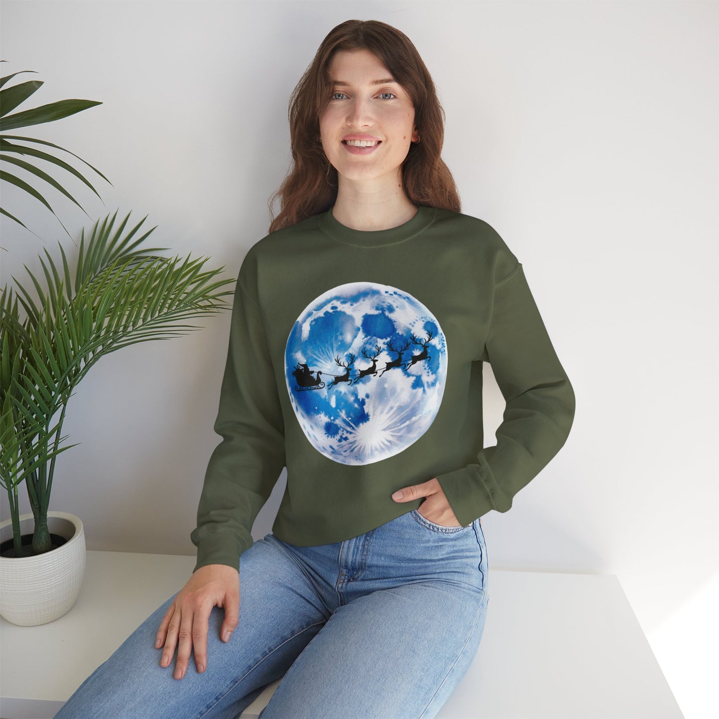 Santa And Reindeer Full Moon Christmas Sweatshirt, Holiday Night Sky Sweater, Cozy Unisex Crewneck, Festive Gift For Christmas Lovers