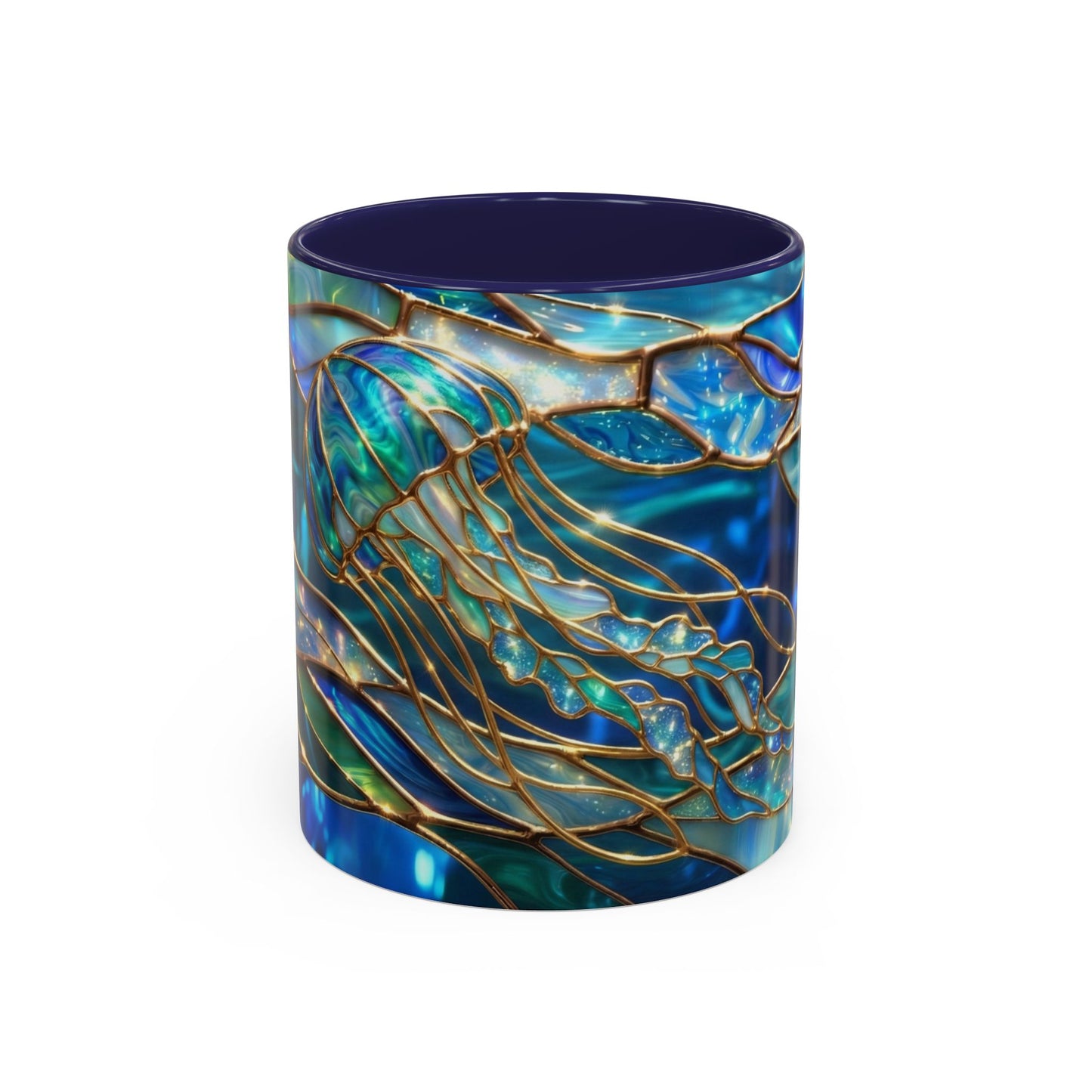 Stained Glass Jellyfish Mug, Ocean Art Coffee Cup, Nautical Sea Life Mug, Blue Teal Gold Glass Style Mug, Gift For Ocean Lovers Decor
