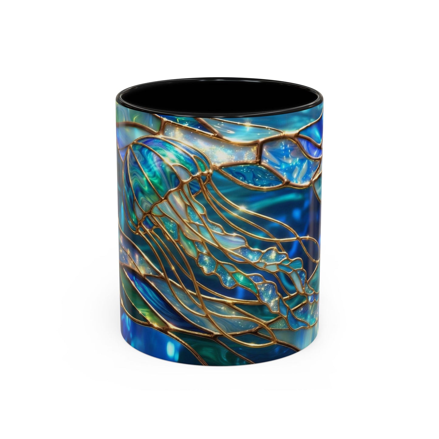 Stained Glass Jellyfish Mug, Ocean Art Coffee Cup, Nautical Sea Life Mug, Blue Teal Gold Glass Style Mug, Gift For Ocean Lovers Decor