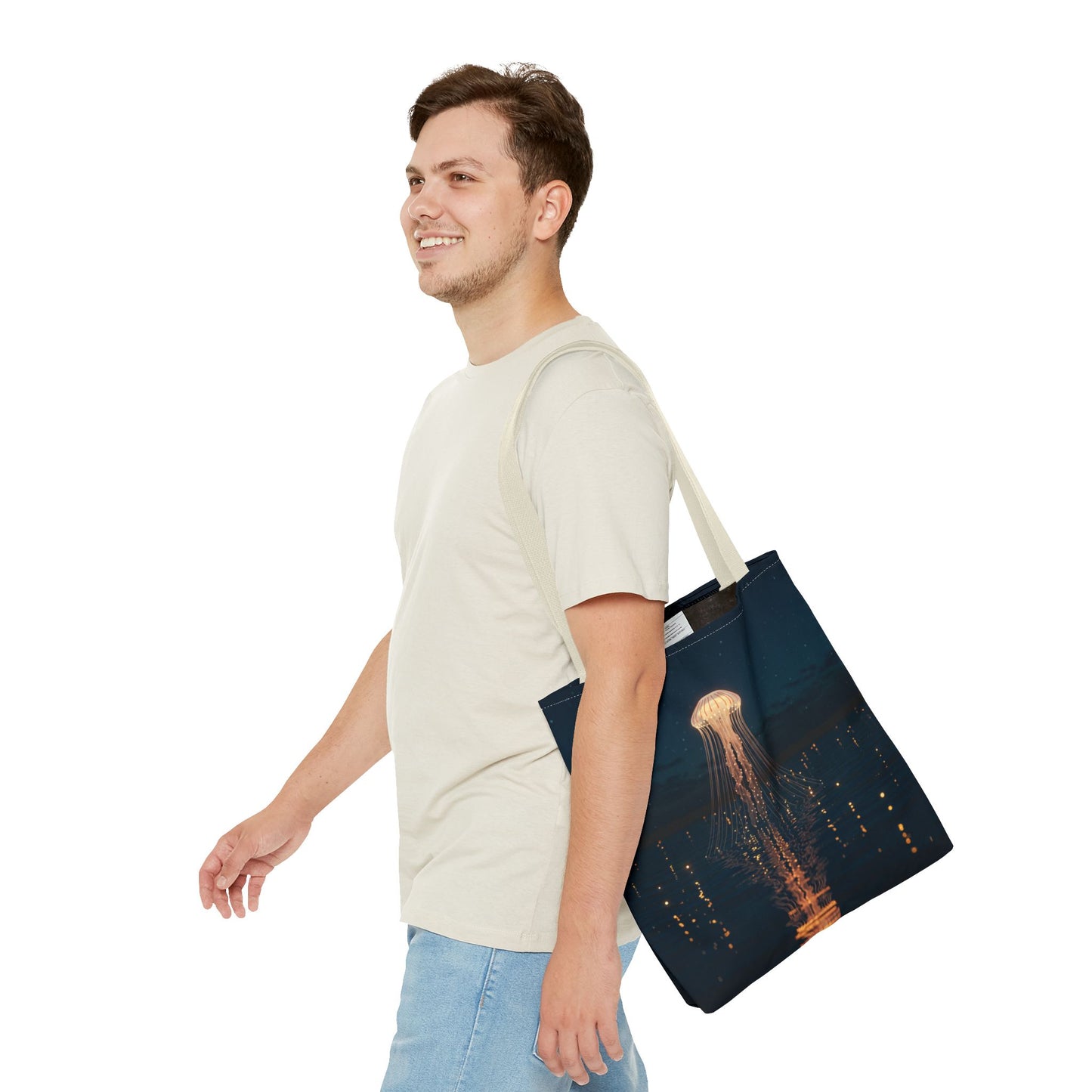 Luminous Jellyfish Tote Bag, Glow-Inspired Ocean Design Shoulder Bag, Durable Polyester Tote For Everyday Style, Gifts, And Coastal Fashion
