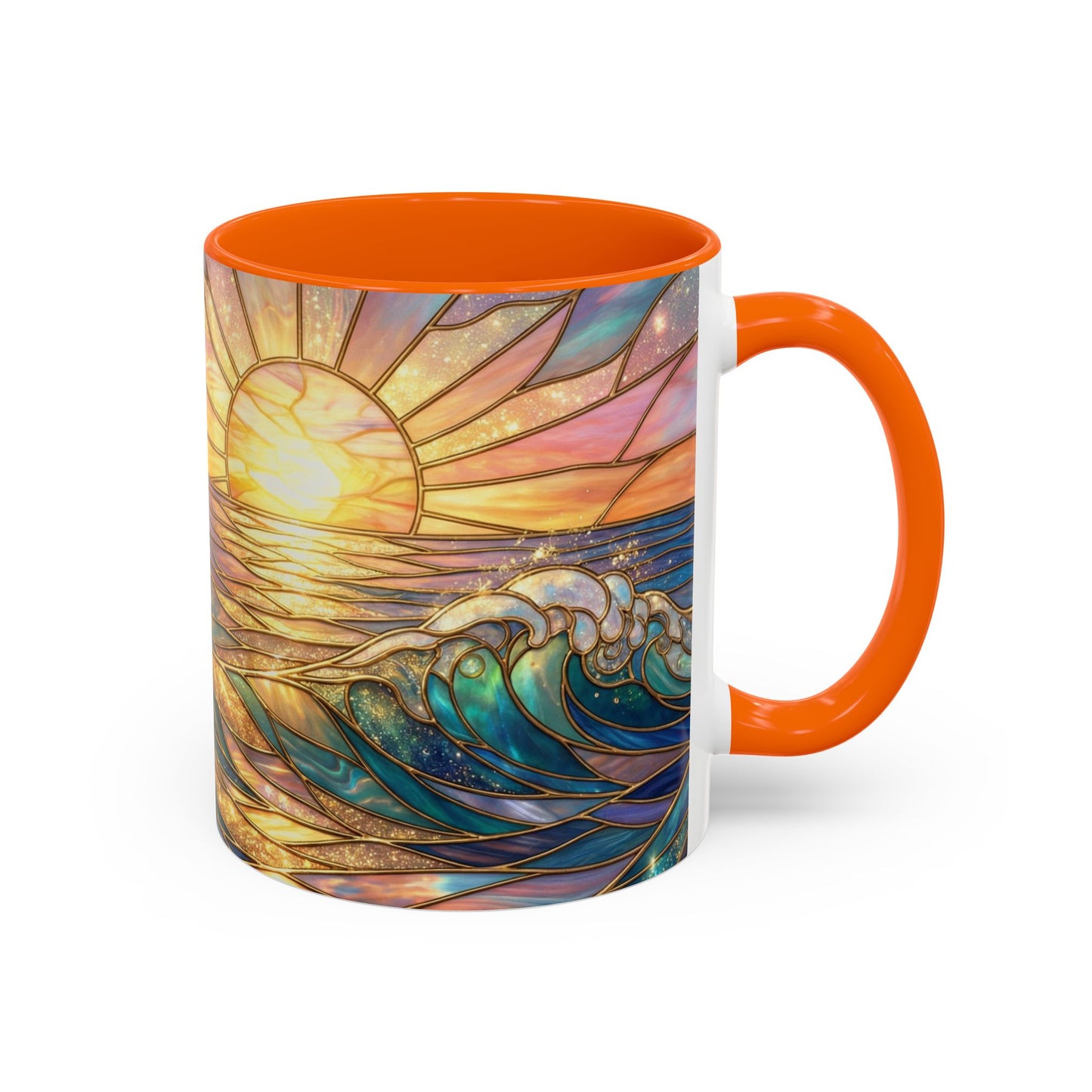 Stained Glass Ocean Wave Mug, Sunrise Beach Coffee Cup, Japanese Art Gift, Coastal Decor Kitchen, Mosaic Sea Tea Cup, Blue Gold Nature Lover
