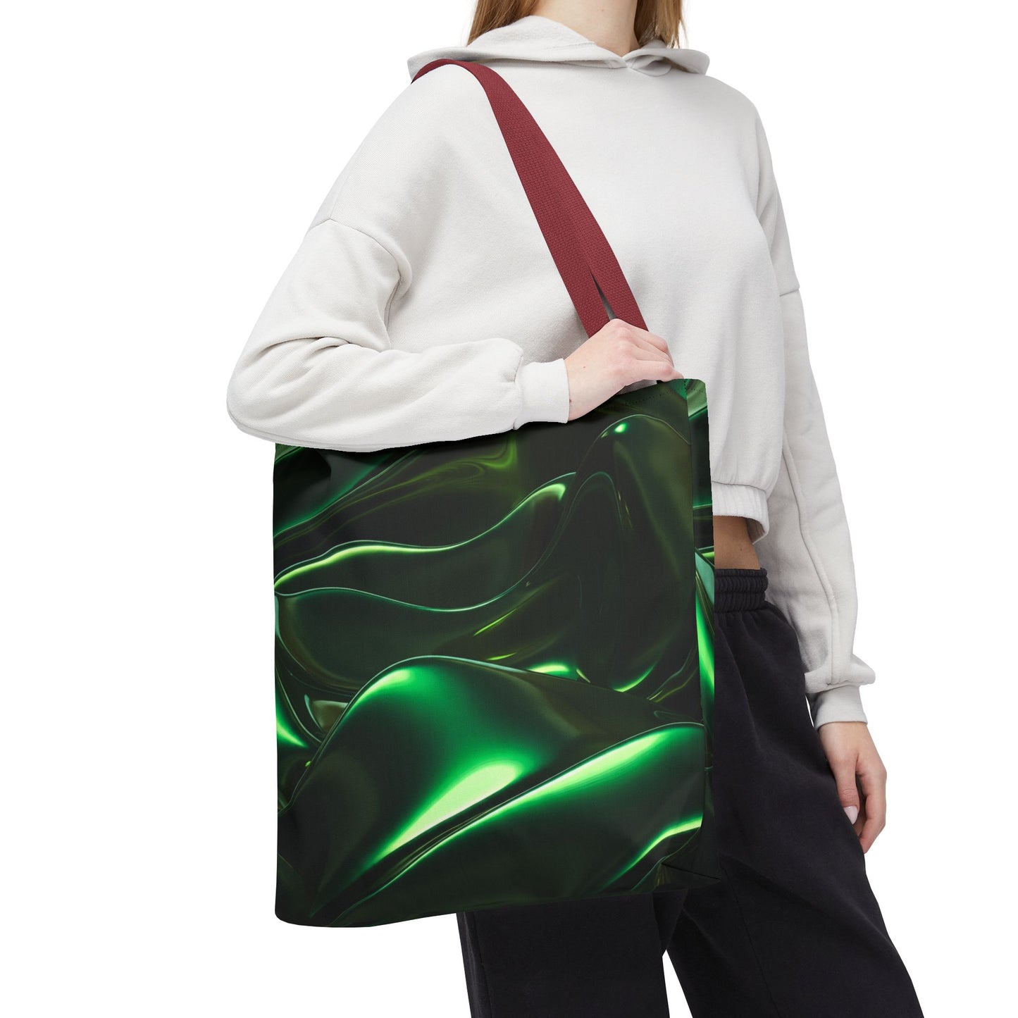 Futuristic Green Tote Bag - Abstract Metallic Wave Art Tote - Glossy Cyber Aesthetic Bag, Techwear Vibes, Edgy Gamer Gift, Trendy Street Style