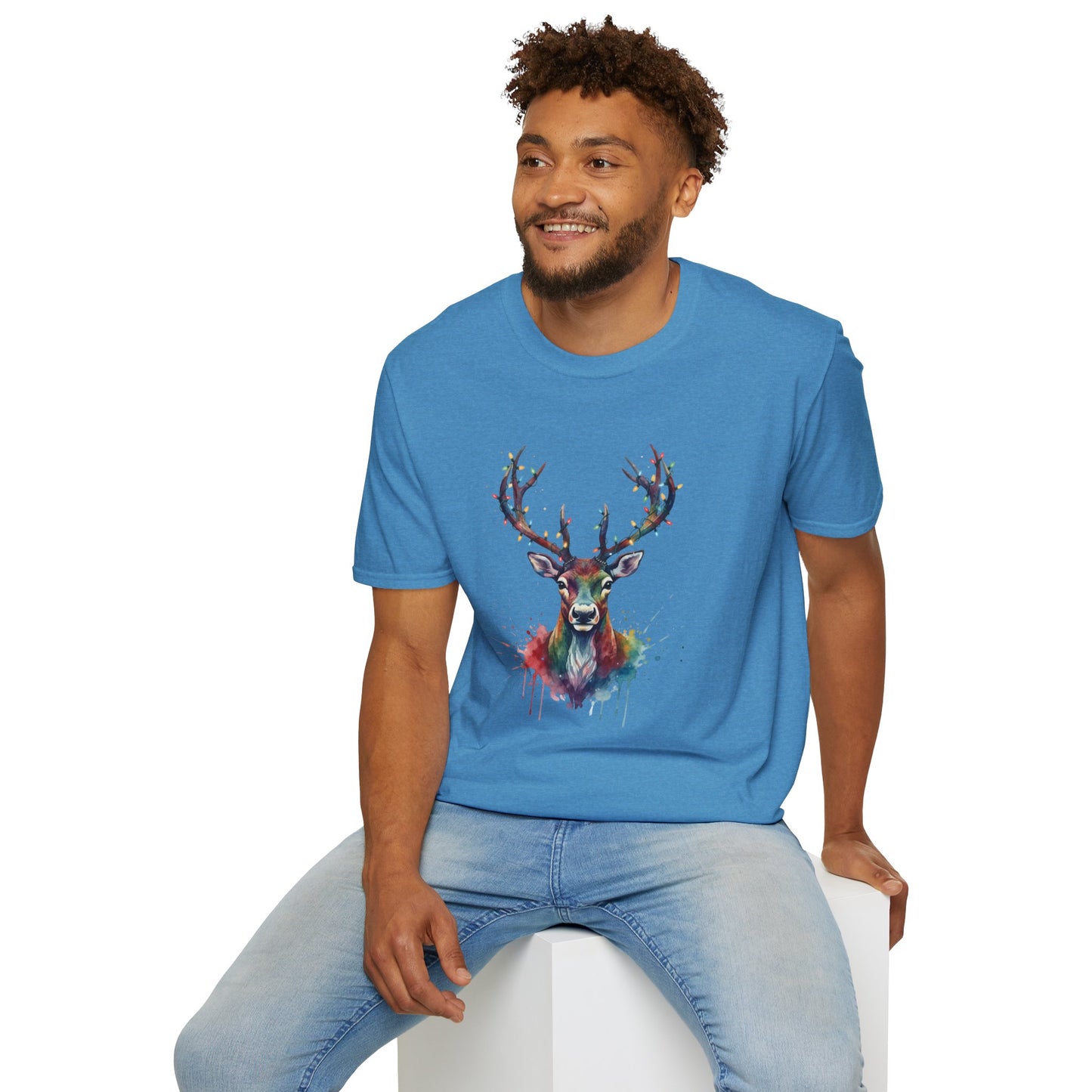 Christmas Deer Shirt, Watercolor Buck T-Shirt, Deer With Christmas Lights Tee, Holiday Wildlife Art Shirt, Colorful Deer Head Xmas Tee