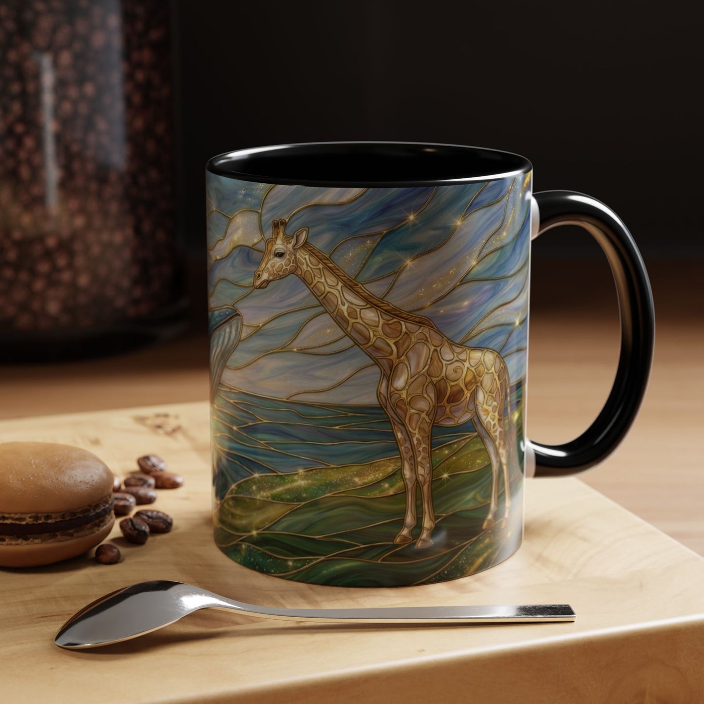 Whimsical Whale & Giraffe Accent Coffee Mug — Artistic Ocean-Sky Illustration (11/15oz)
