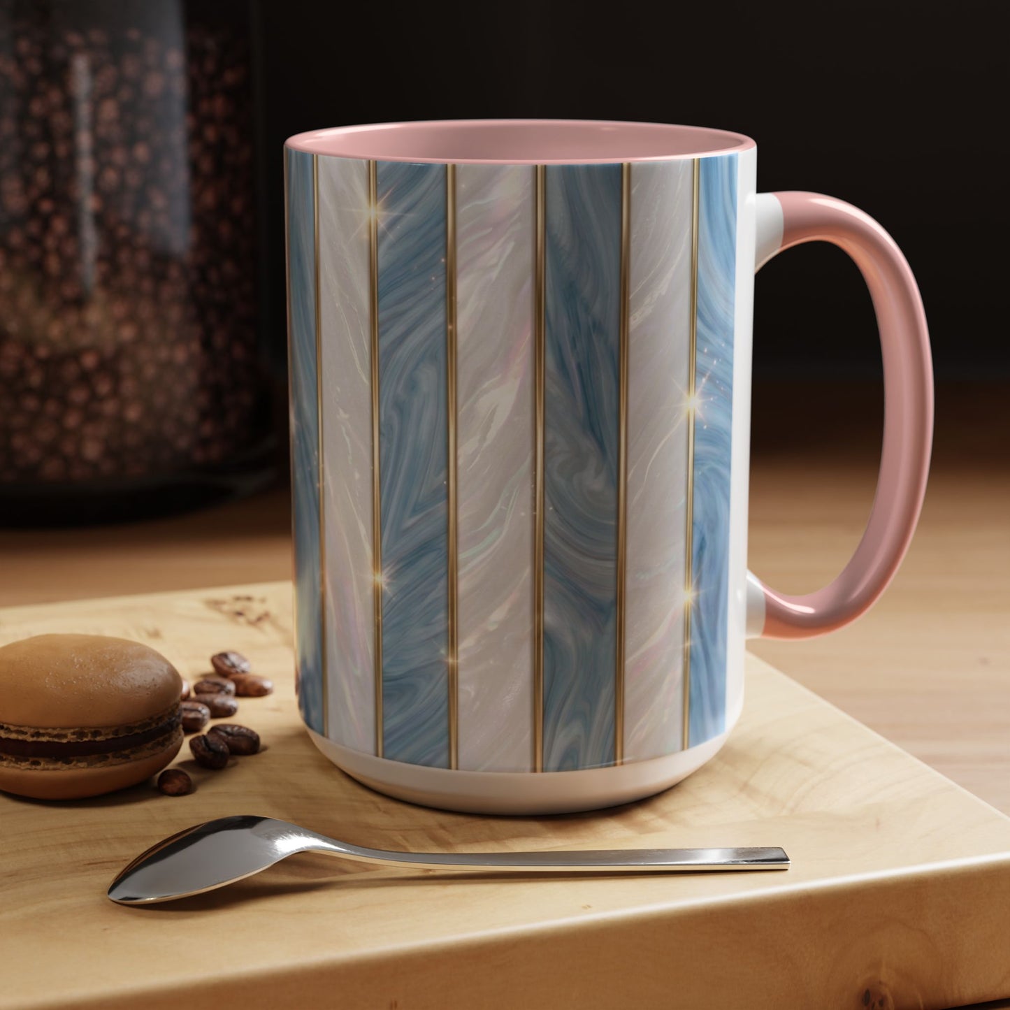 Faux Stained Glass Mug, Blue Pearlescent Coffee Cup, Art Deco Stained Glass Decor, Elegant Gold Stripe Teacup, Unique Art Gift For Her