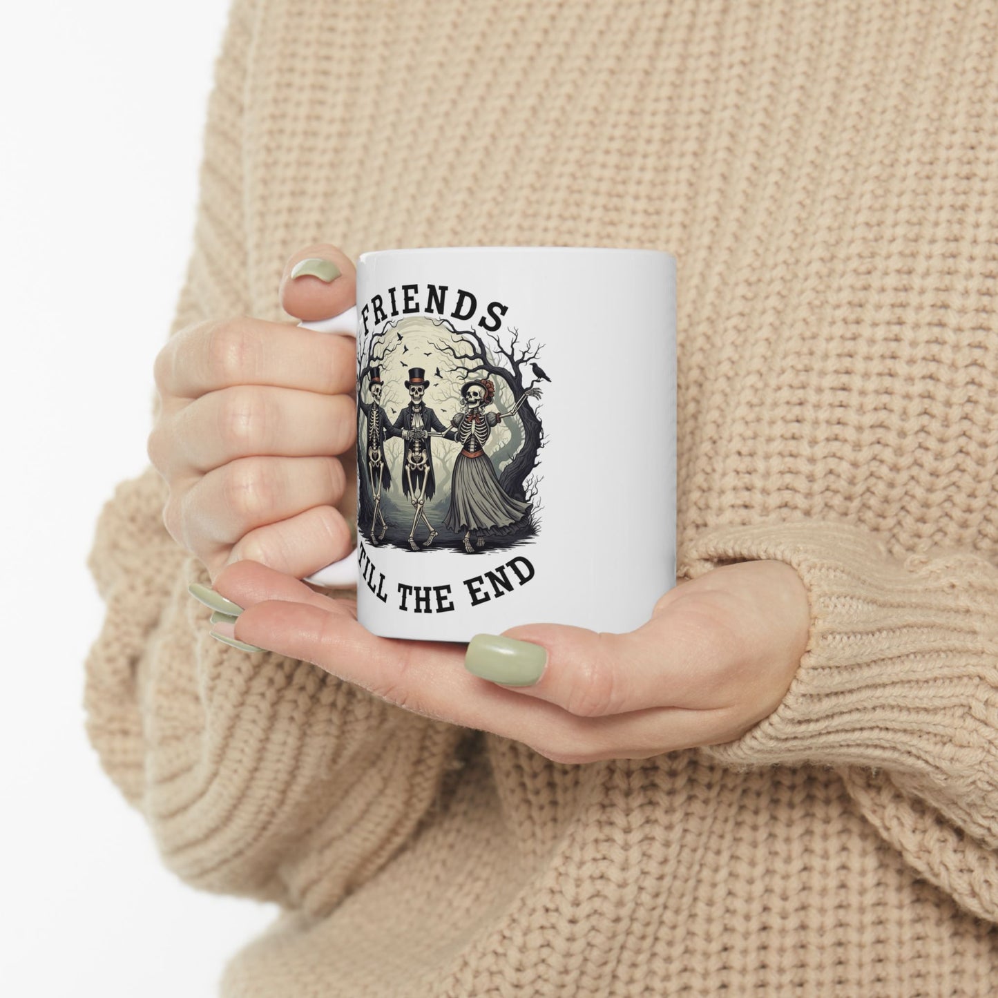 Friends Till The End Skeleton Mug - Halloween Skull Coffee Cup, Gothic Skeleton Friends Gift, Dark Academia Spooky 11oz, 15oz Ceramic