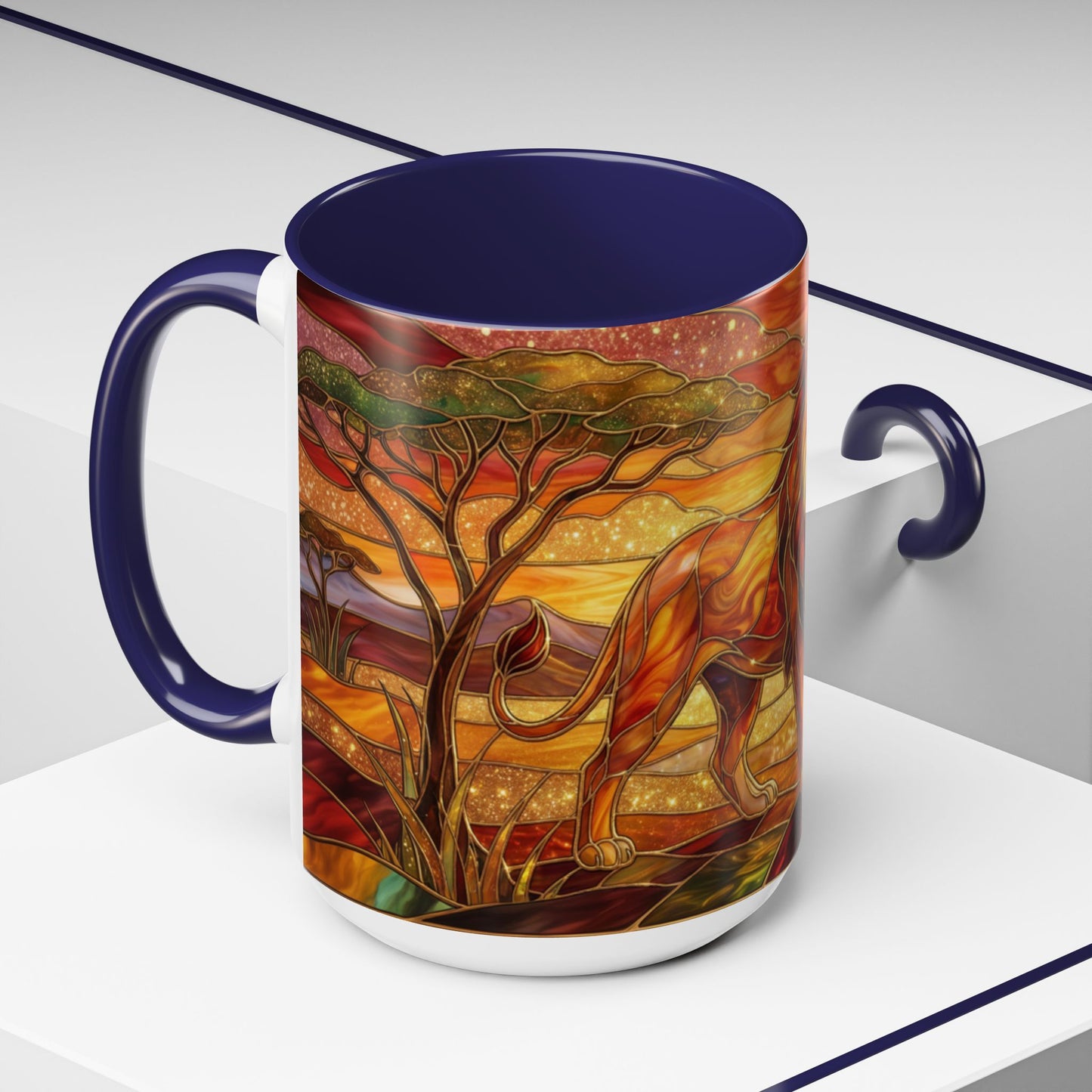 Stained Glass Lion Mug, Majestic Lion Coffee Cup, African Sunset Art Mug, Safari Wildlife Gift, Colorful Lion Lover Ceramic Mug