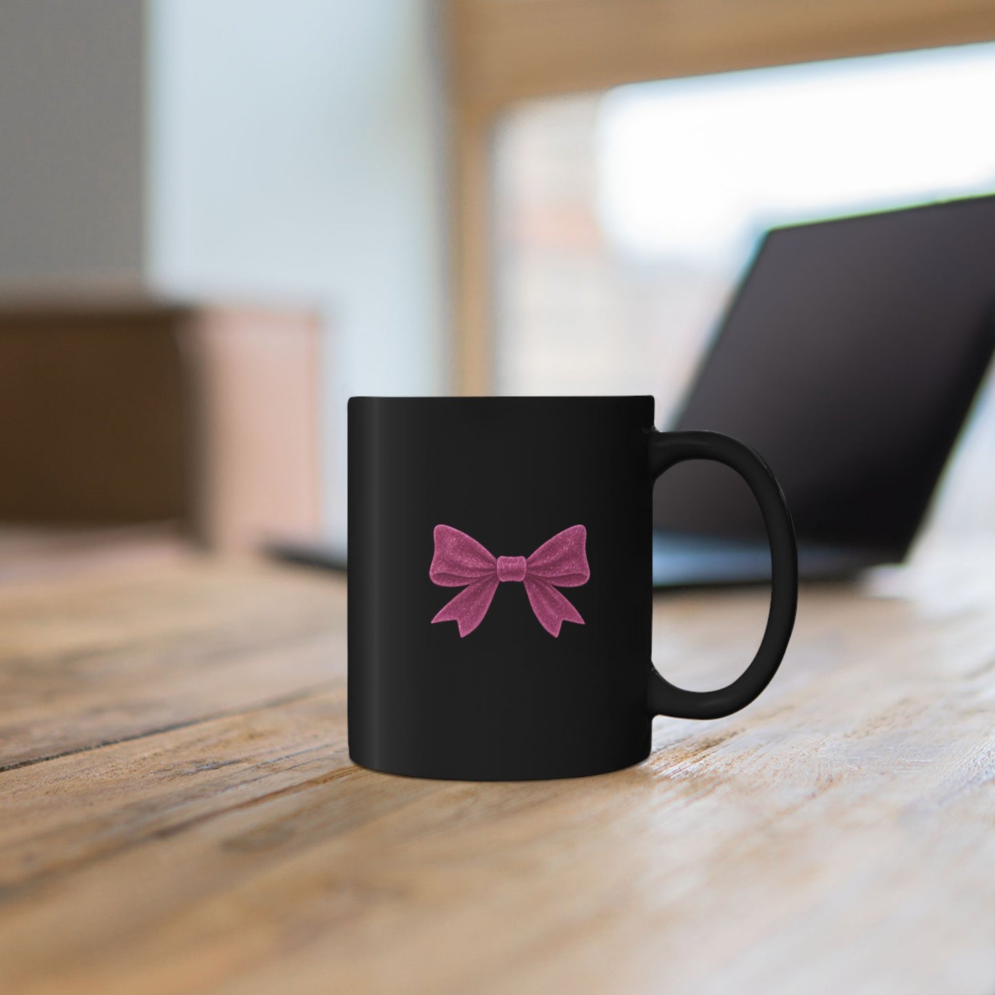 Black Mug with Pink Bow – Aesthetic Coffee Mug for Women | Cute Girly Gift, Desk Accessory, Kawaii Style Cup for Coworkers & Friends