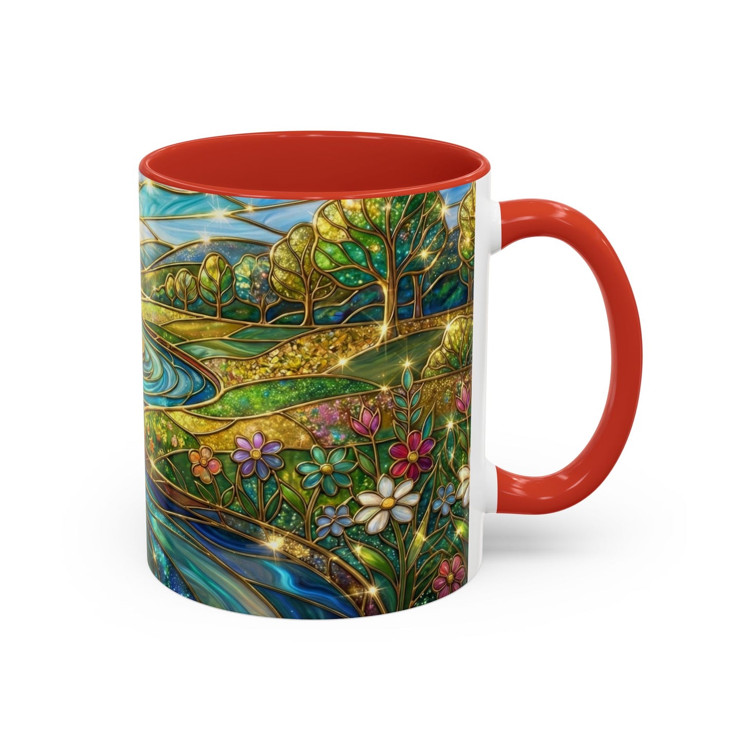 Stained Glass Mug, River Landscape Coffee Cup, Nature Lover Gift, Floral Tea Mug, Gardener Present, Art Teacher Gift, Colorful Scenery Cup