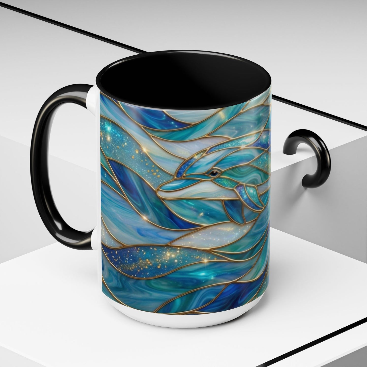 Stained Glass Dolphin Mug, Dolphin Coffee Cup, Ocean Art Mug, Sea Life Gift, Nautical Decor Mug, Coastal Dolphin Lover Gift