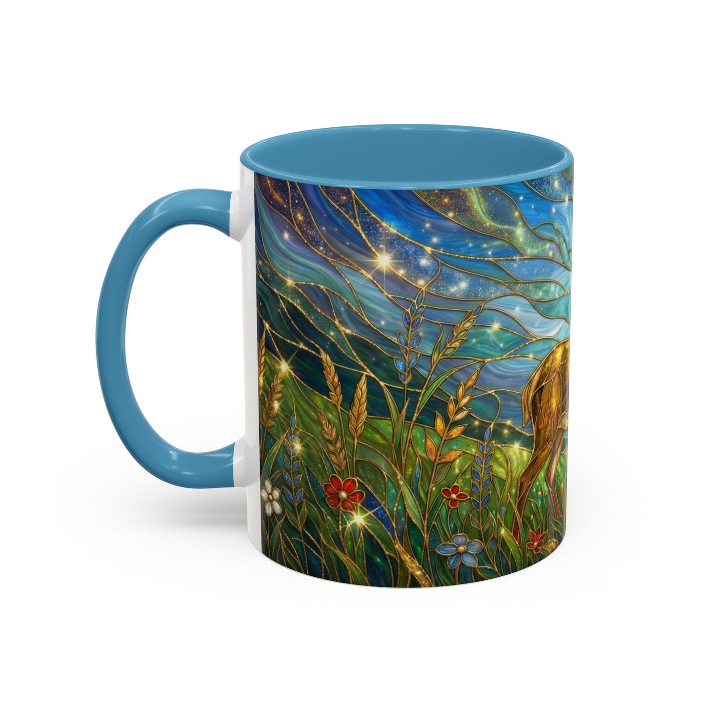 Stained Glass Deer Mug, Woodland Art Coffee Cup, Nature Forest Mug, Blue Green Gold Glass Style Mug, Gift For Nature Lovers Decor