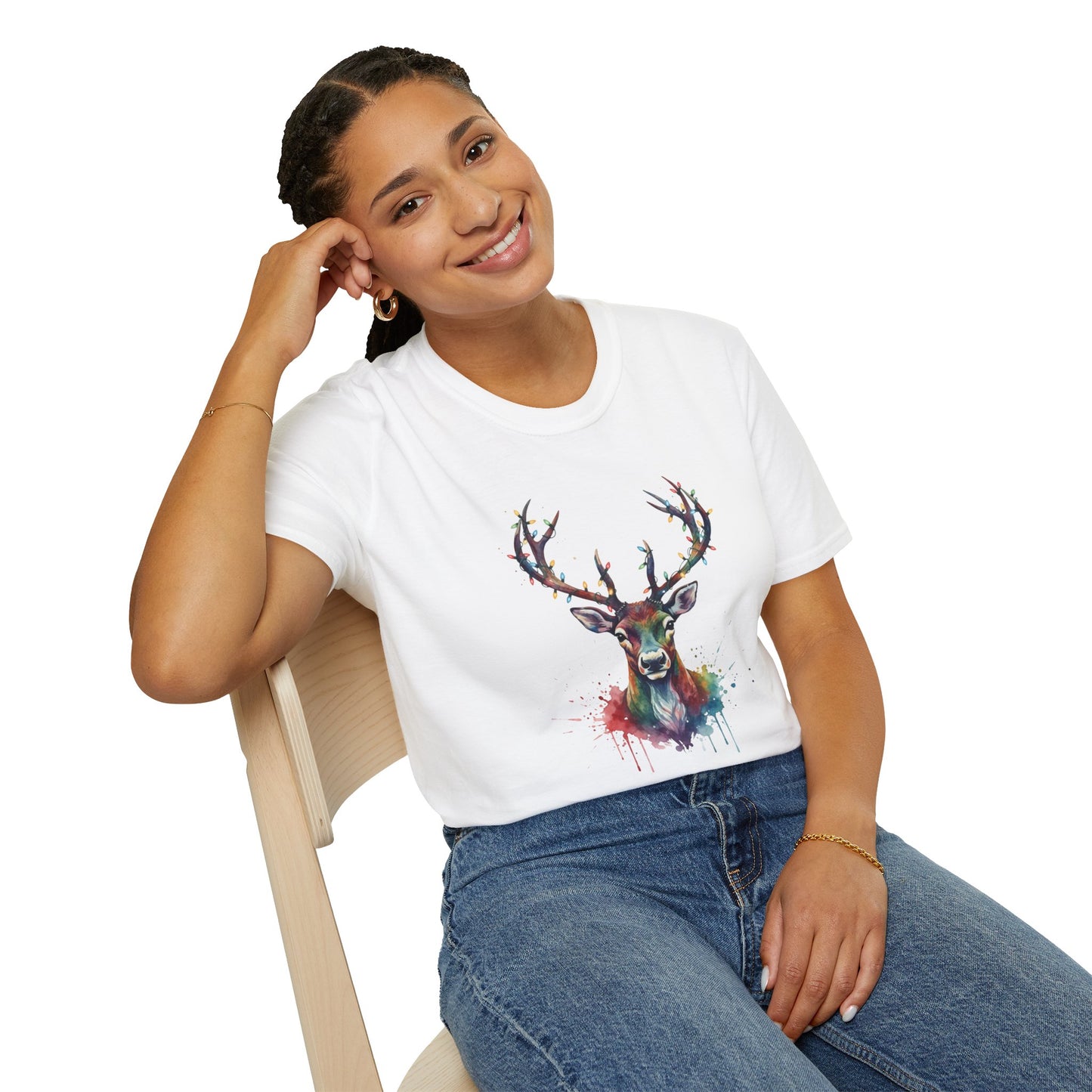 Christmas Deer Shirt, Watercolor Buck T-Shirt, Deer With Christmas Lights Tee, Holiday Wildlife Art Shirt, Colorful Deer Head Xmas Tee
