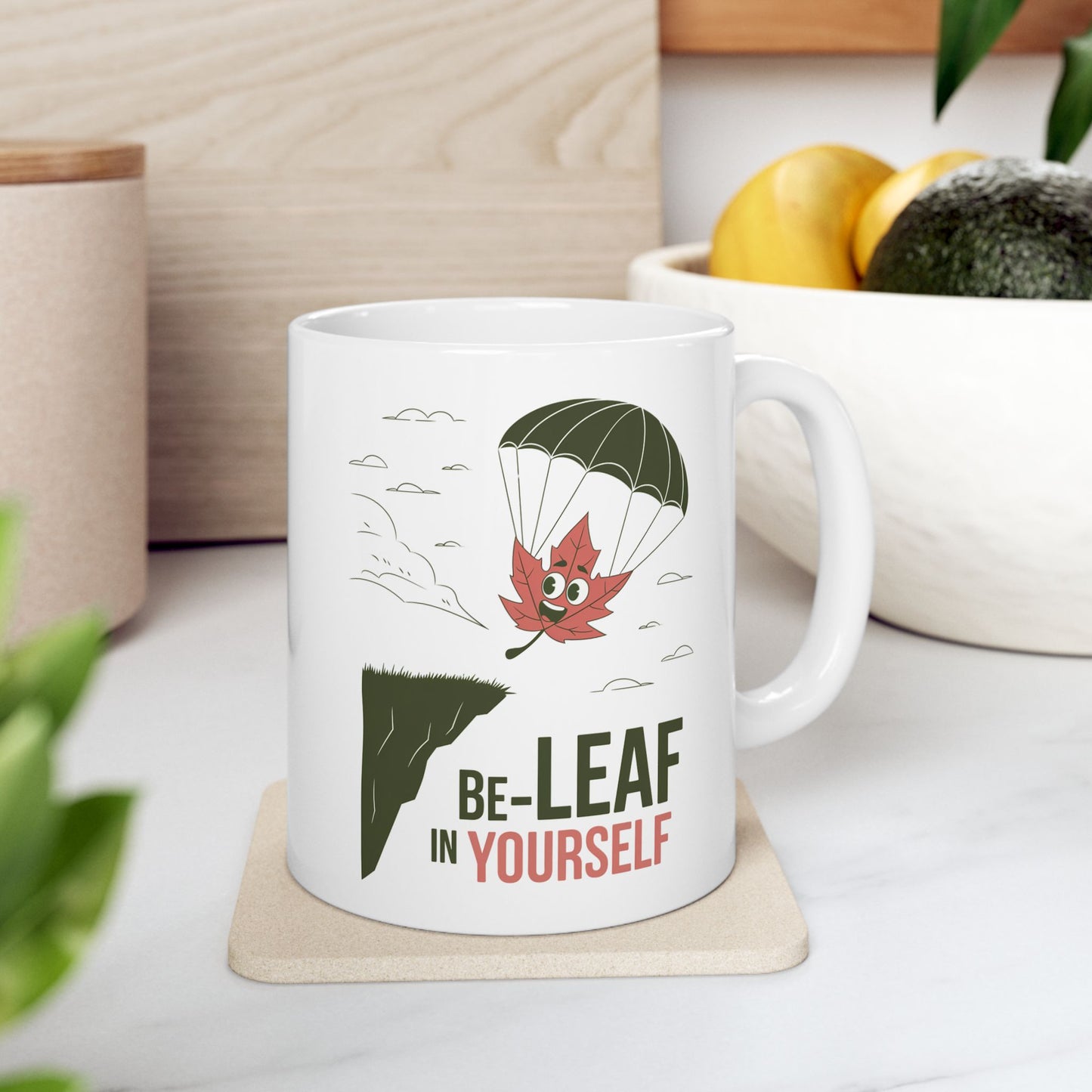 Be-Leaf In Yourself Mug – Motivational Leaf Parachute Design on Ceramic Coffee Cup, Positive Affirmation Gift for Fall Lovers & Nature Enthusiasts