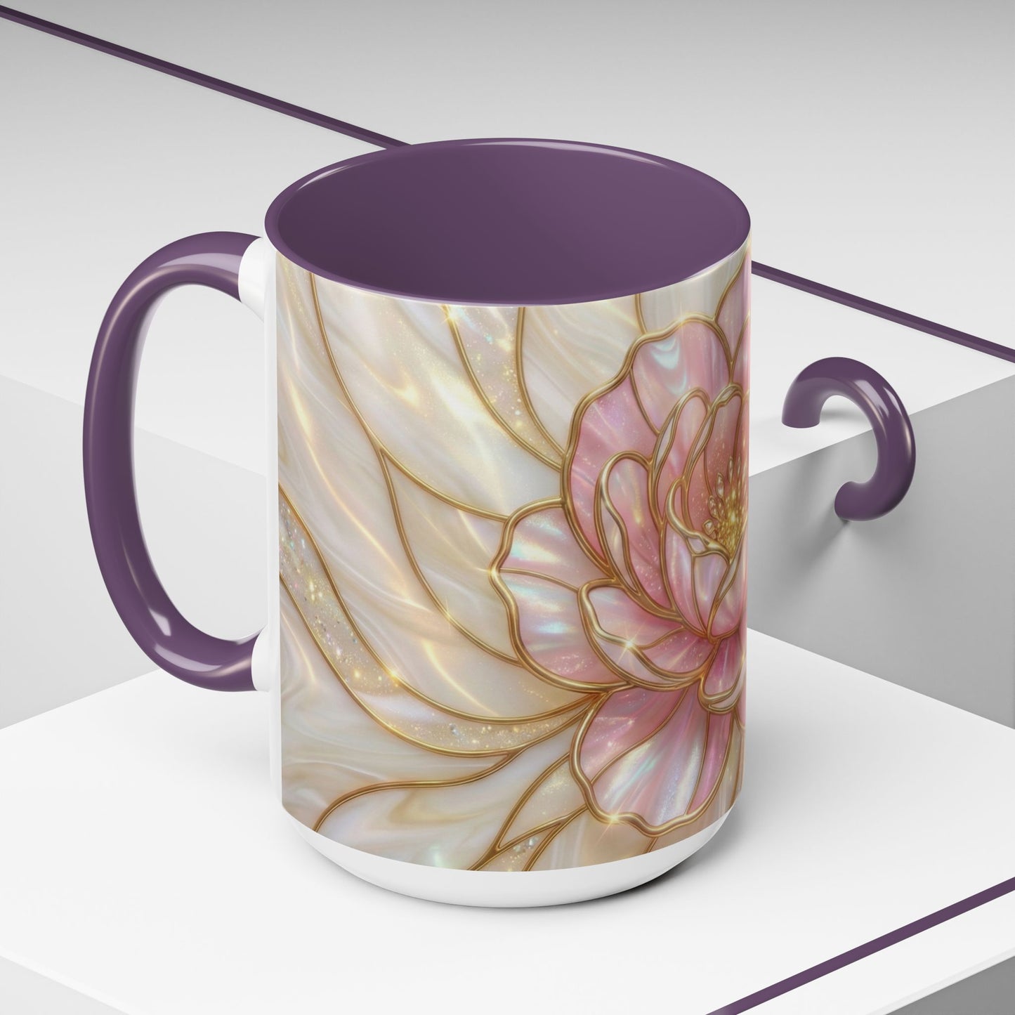 Pink Peony Stained Glass Mug, Gold Floral Coffee Cup, Elegant Flower Gift For Her, Fairycore Tea Cup, Mothers Day Present, Pearl Art Decor