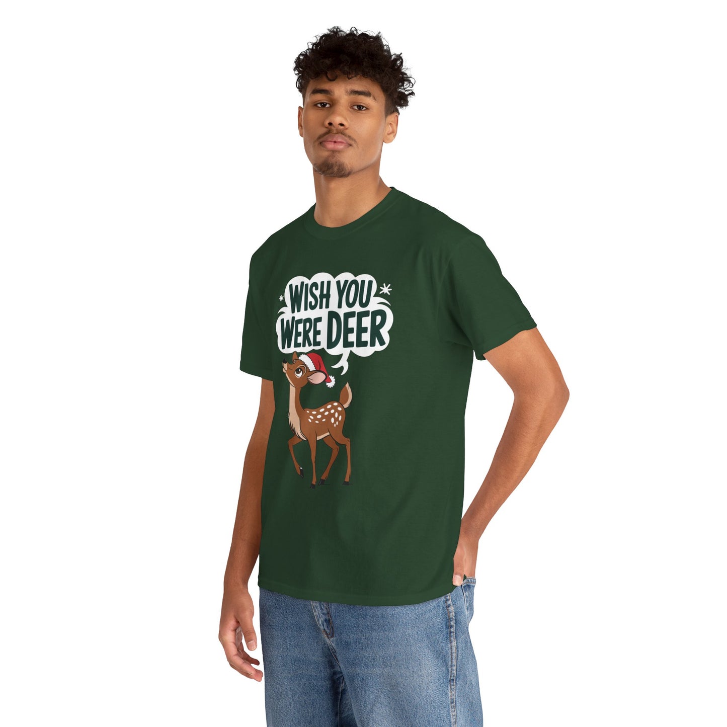 Wish You Were Deer Funny Christmas T-Shirt, Cute Reindeer Holiday Tee, Pun Christmas Shirt, Festive Santa Hat Deer Graphic Tee Gift