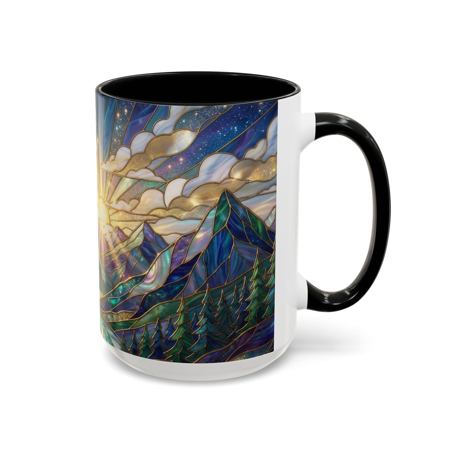 Mountain Art Mug, Scenic Mountain Coffee Cup, Nature Lover Ceramic Mug, Stained Glass Style Landscape, 11oz 15oz Gift, Outdoor Hiking Mug, Unique Coffee Tea Cup