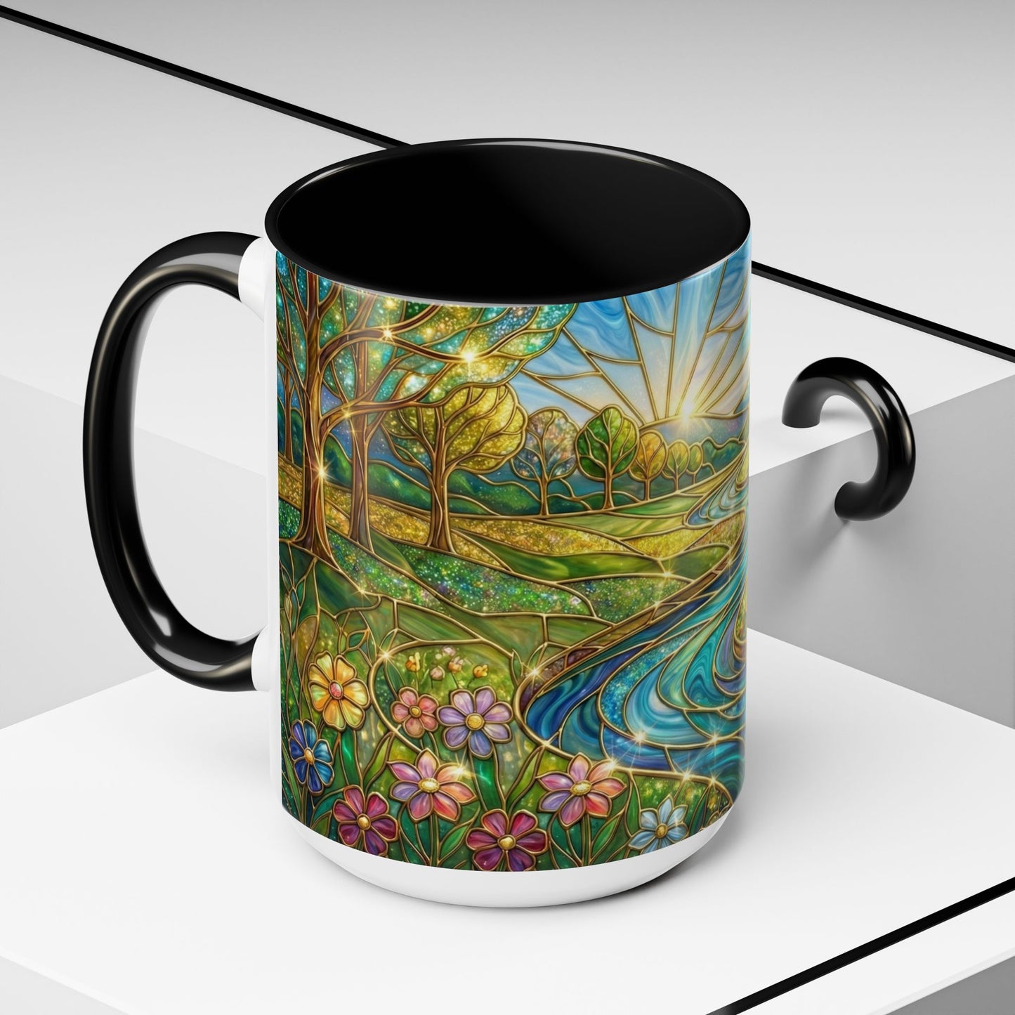 Stained Glass Mug, River Landscape Coffee Cup, Nature Lover Gift, Floral Tea Mug, Gardener Present, Art Teacher Gift, Colorful Scenery Cup