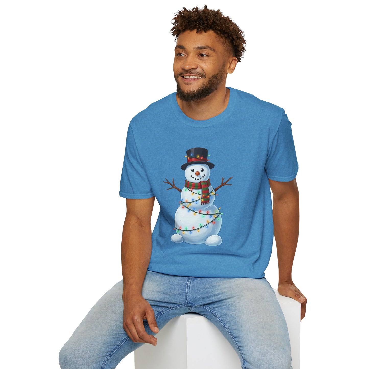 Cute Snowman Christmas Shirt, Snowman Wrapped in Christmas Lights Tee, Holiday Winter Snowman Top Hat Shirt, Funny Cozy Christmas T Shirt