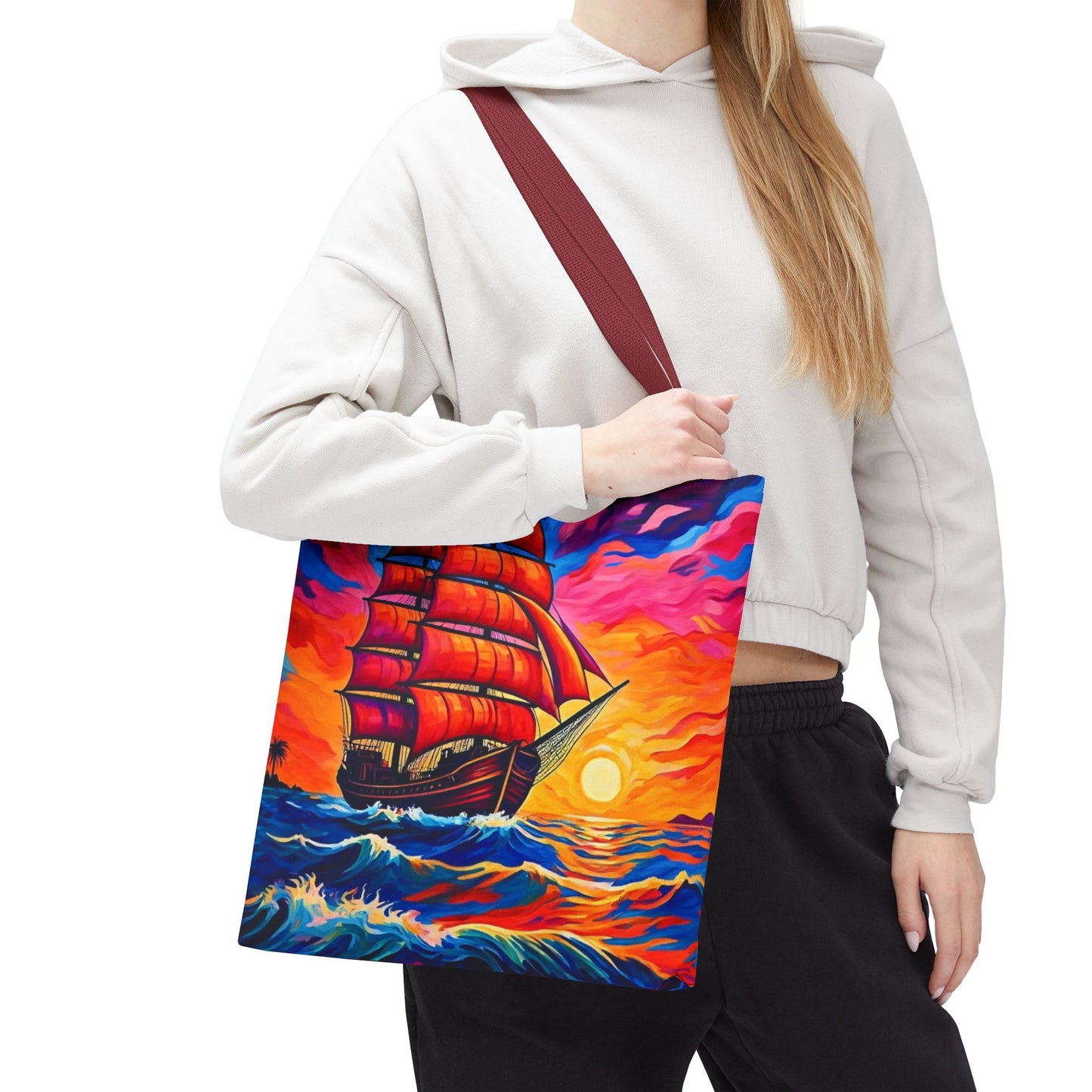 Crimson Voyage Tote Bag, Red Sailboat At Sunset Artistic Ocean Design, Nautical Reusable Tote For Beach, Travel, And Everyday Use