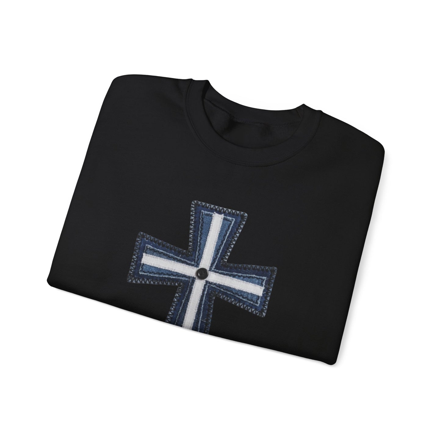Faux Patchwork Cross Sweatshirt, Christian Patchwork Style Crewneck, Faith Gift for Women Men, Rustic Cross Sweatshirt, Religious Xmas Gift
