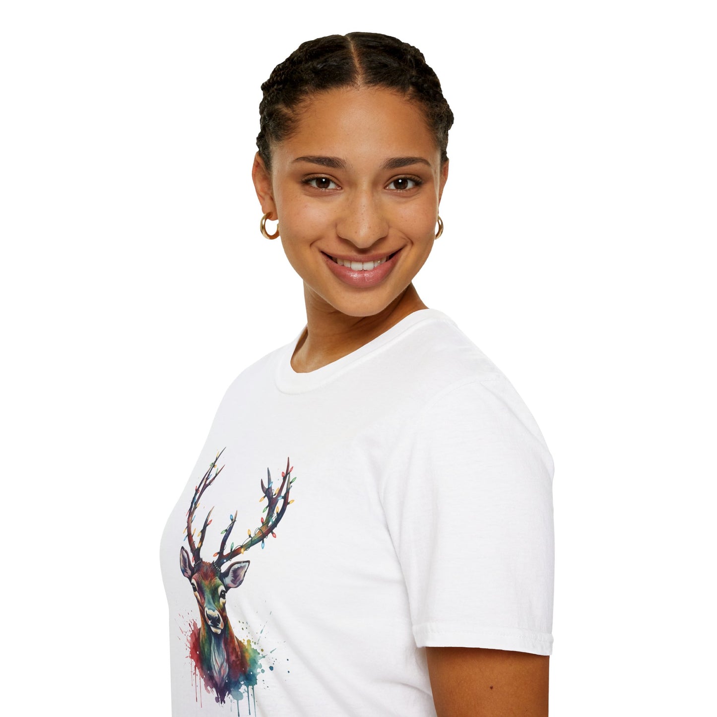 Christmas Deer Shirt, Watercolor Buck T-Shirt, Deer With Christmas Lights Tee, Holiday Wildlife Art Shirt, Colorful Deer Head Xmas Tee